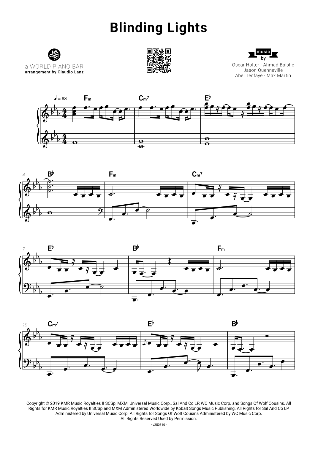 Blinding Lights (arr. World Piano Bar) by The Weeknd Sheet Music for ...