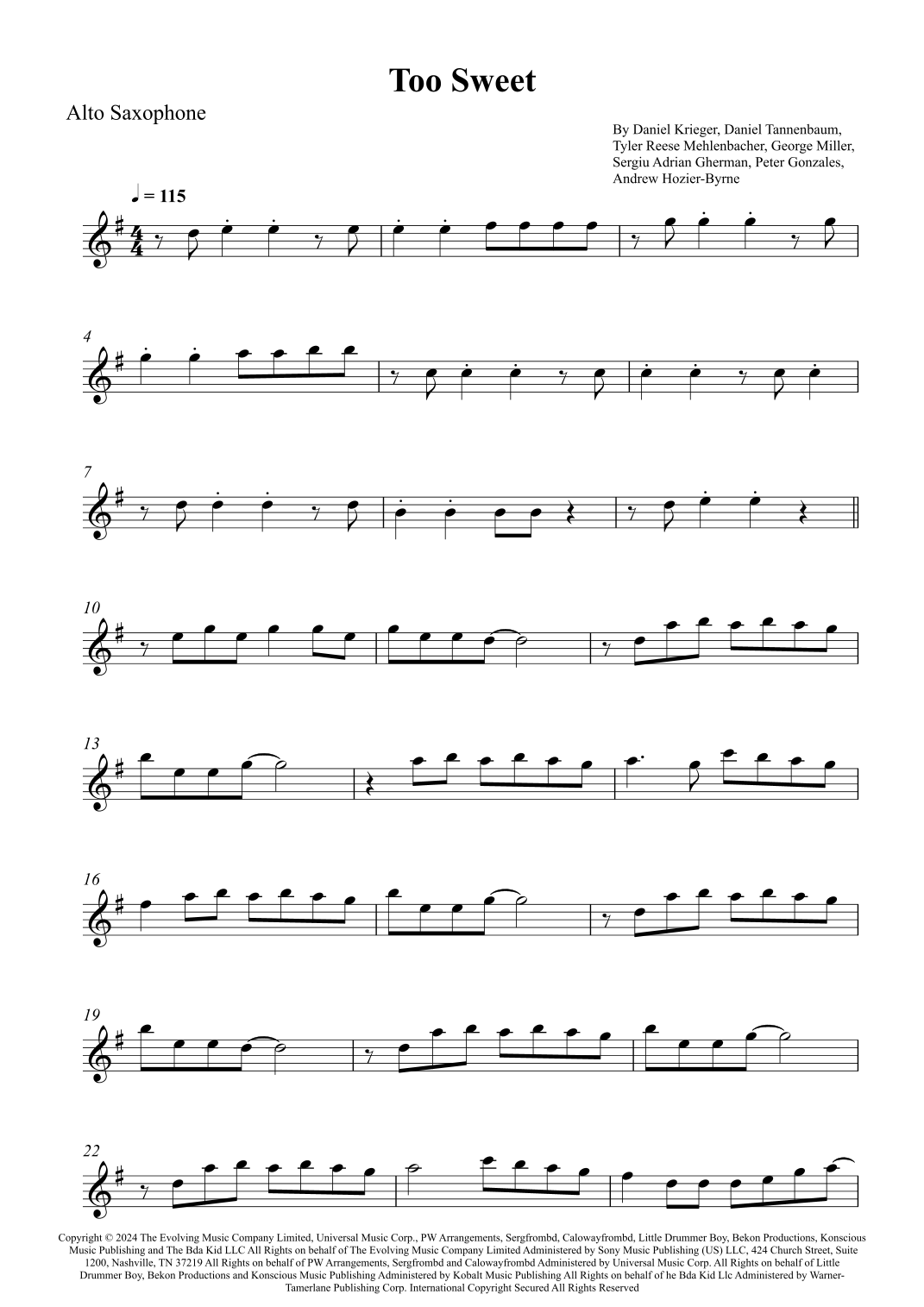 Too Sweet Riff Too Sweet (arr. Wesley S. SIlva) by Hozier Sheet Music for Alto Sax ...
