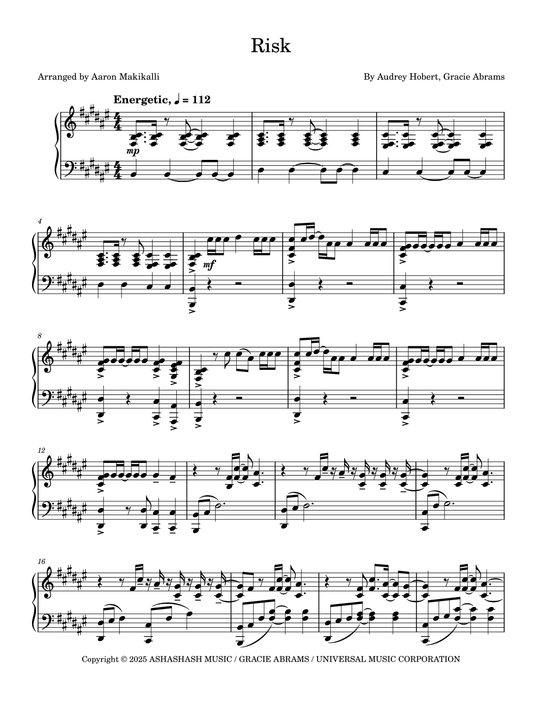 Risk (arr. Aaron Makikalli) by Gracie Abrams Sheet Music for Piano Solo ...