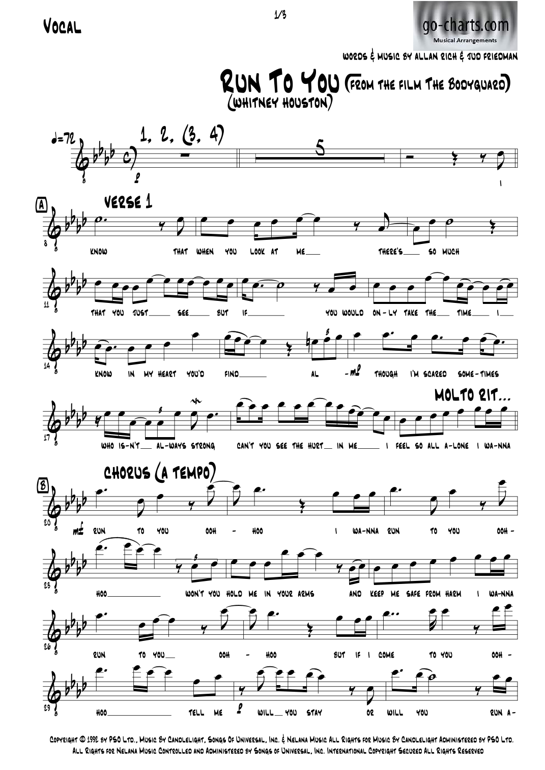 Run To You (arr. Andy Davidson go-charts.com) by Whitney Houston 管弦乐团全谱 - 预览
