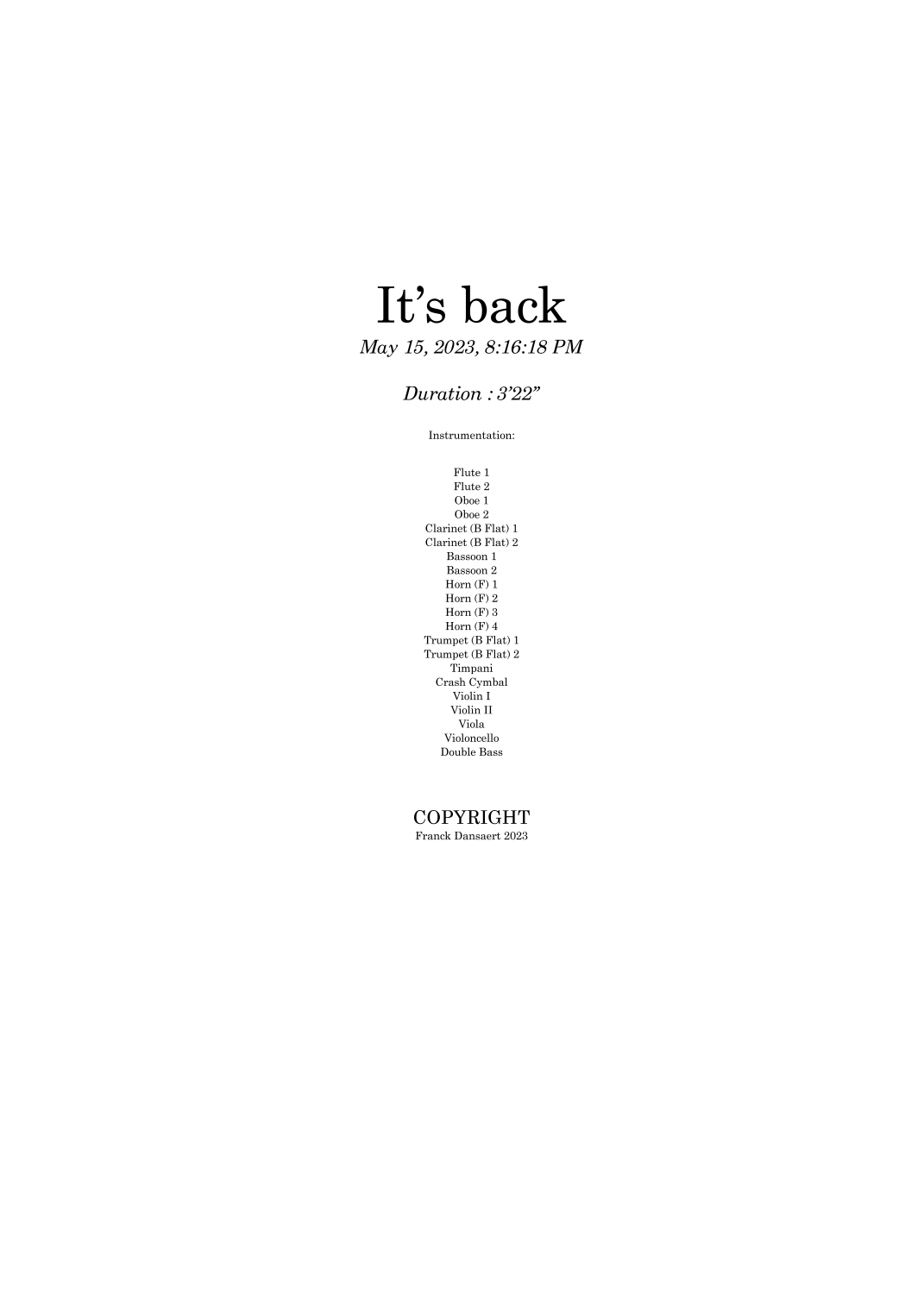 It's back - 仅总谱 (Franck Dansaert 管弦乐团) - 预览