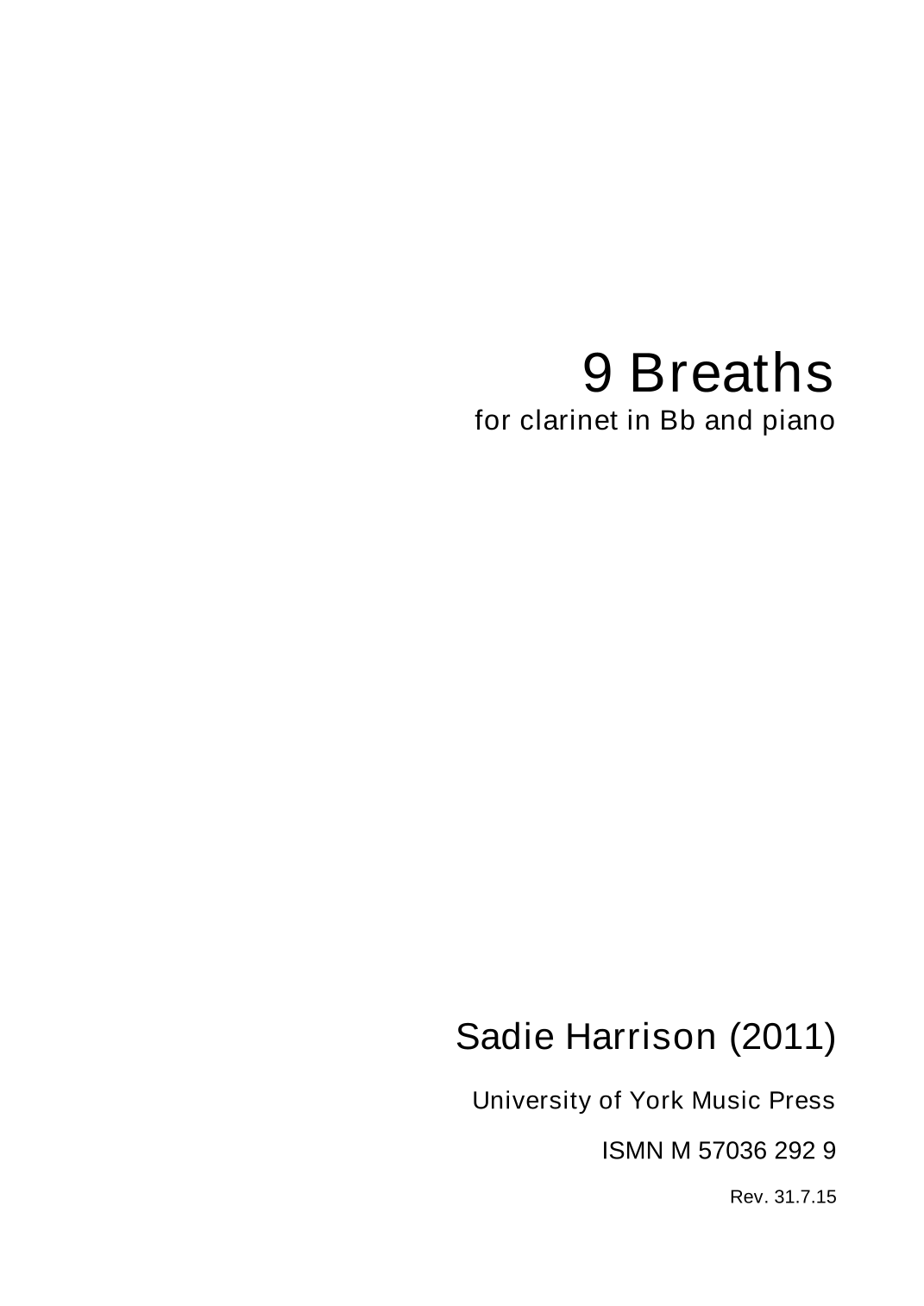Interactive Digital Sheet Music preview of '9 Breaths' by Sadie Harrison, Clarinet and Piano page 1