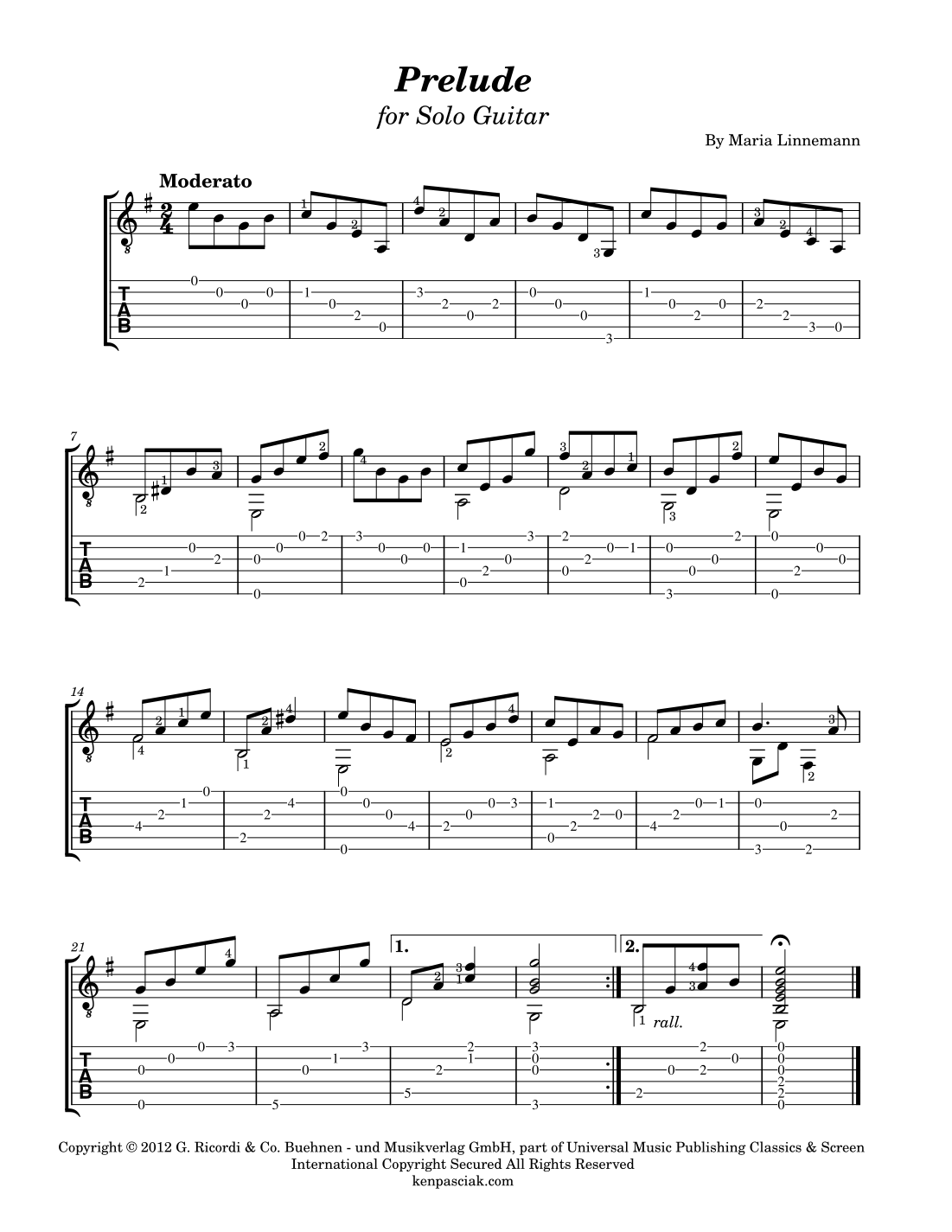 Prelude by Maria Linnemann Sheet Music for Easy Guitar Tab (arr