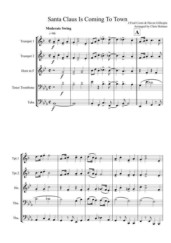 Santa Claus Is Coming To Town for Brass Quintet Sheet Music J. Fred Coots & Haven Gillespie