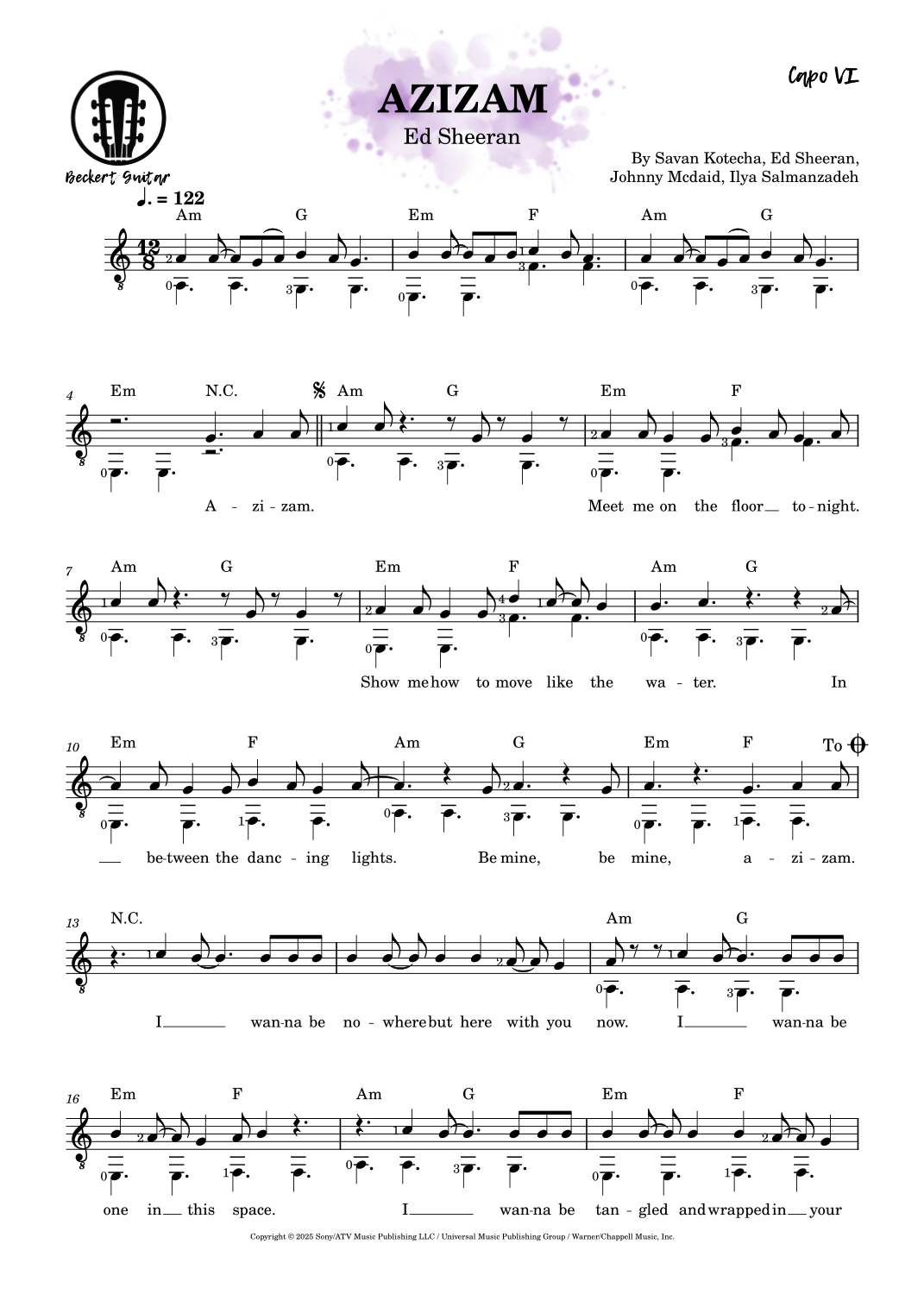 Azizam (arr. Beckert Guitar) by Ed Sheeran Sheet Music for Solo