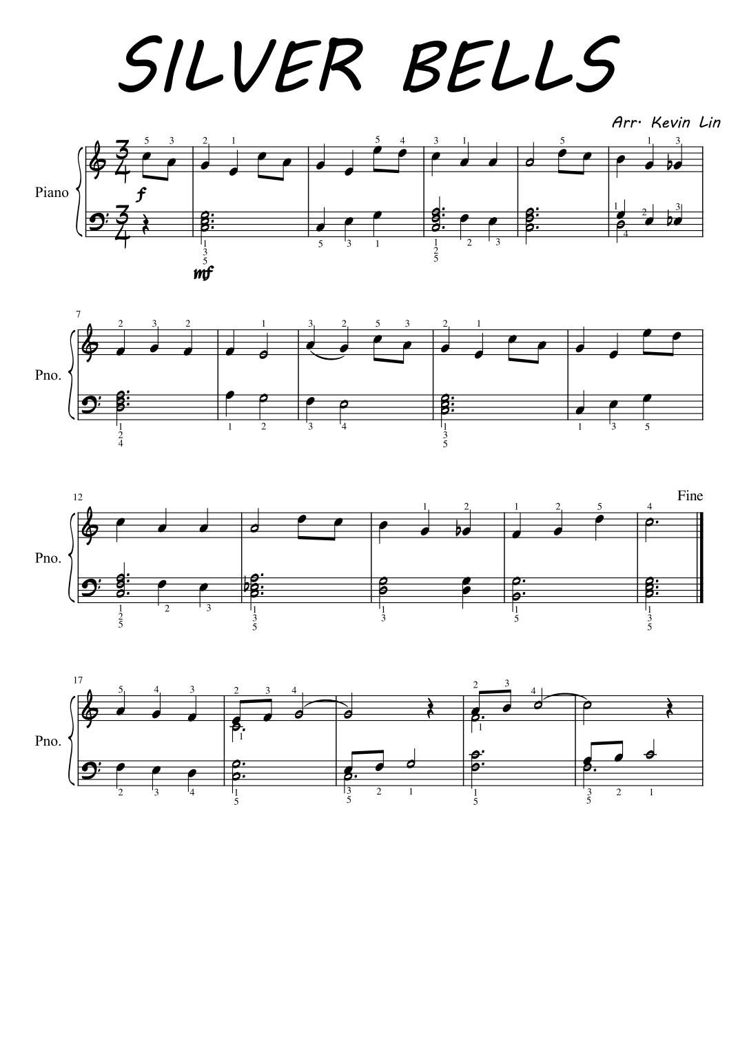 Silver Bells (arr. Kevin Lin) by John Denver Sheet Music for Piano Solo ...