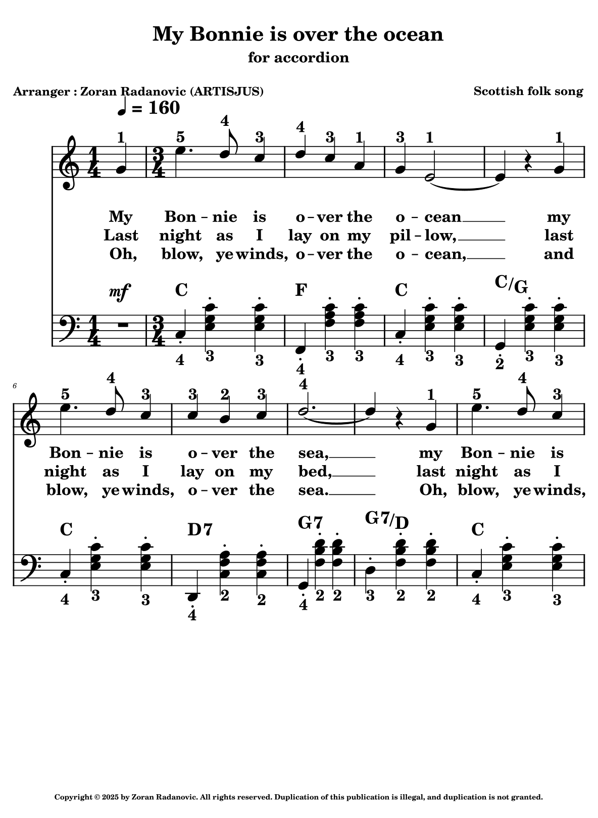 My Bonnie is over the ocean - for accordion - C major (arr. Zoran ...