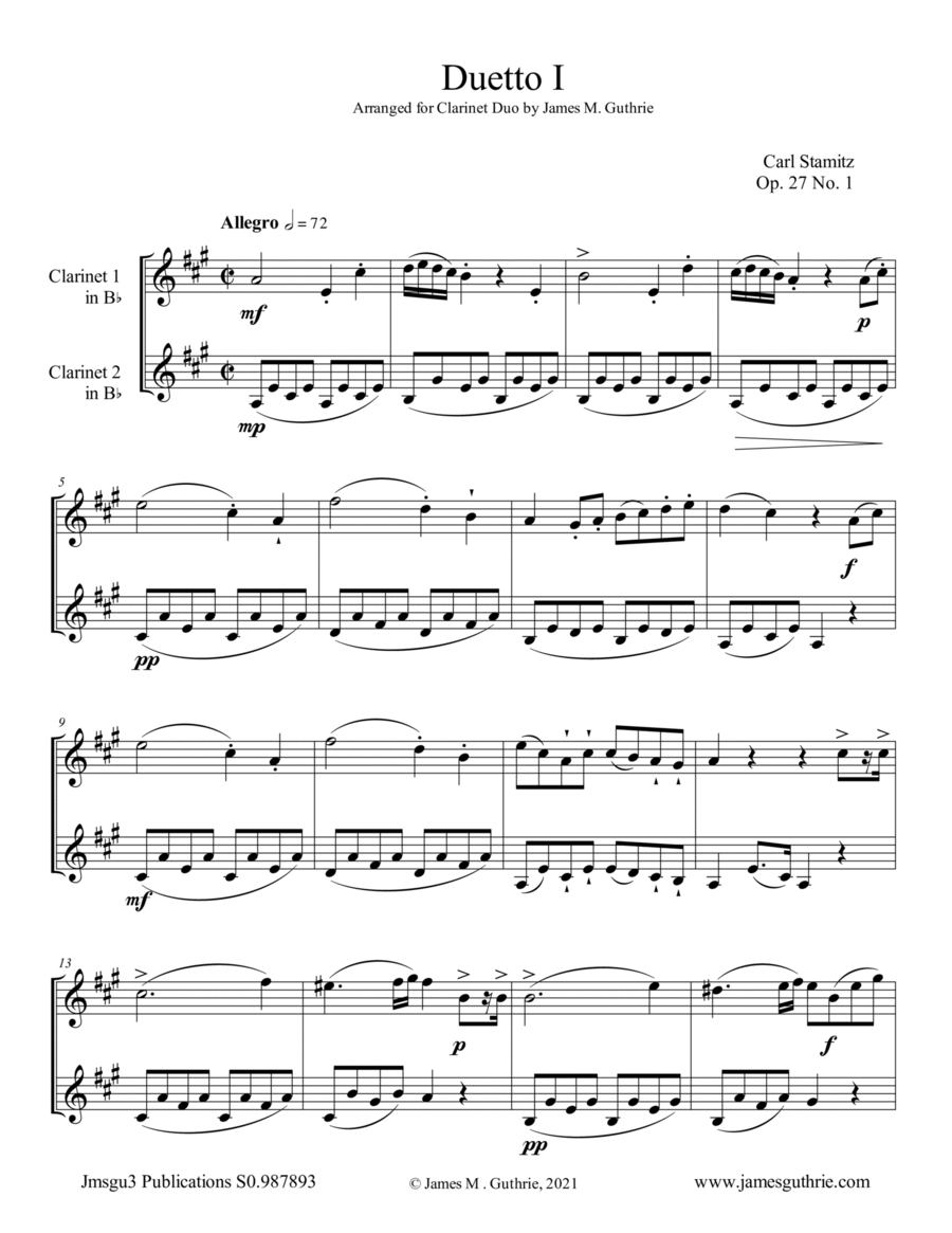 Interactive Digital Sheet Music preview of 'Stamitz: Six Duets Op. 27 Complete for Clarinet Duo (arr. James M. Guthrie)' by Carl Stamitz, Clarinet Duet page 1