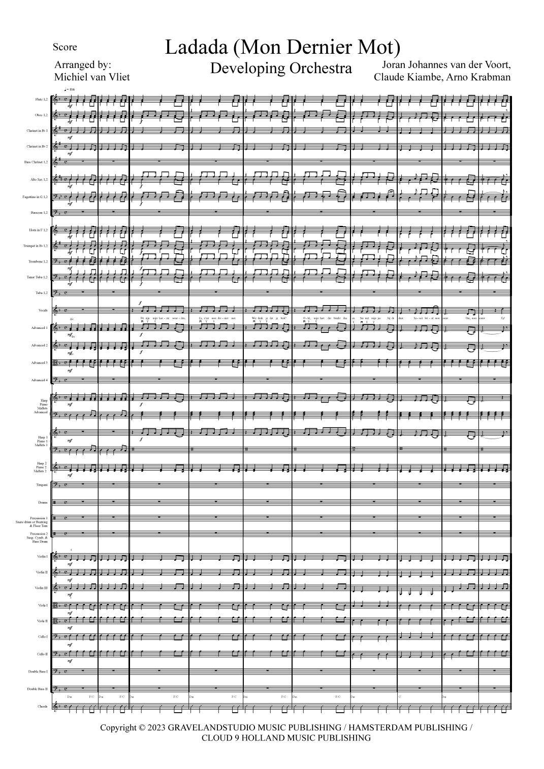 【克劳德《Ladada (Mon Dernier Mot)》管弦乐总谱】Ladada (Mon Dernier Mot) (arr. Michiel van Vliet) by Claude Full Orchestra PDF乐谱下载