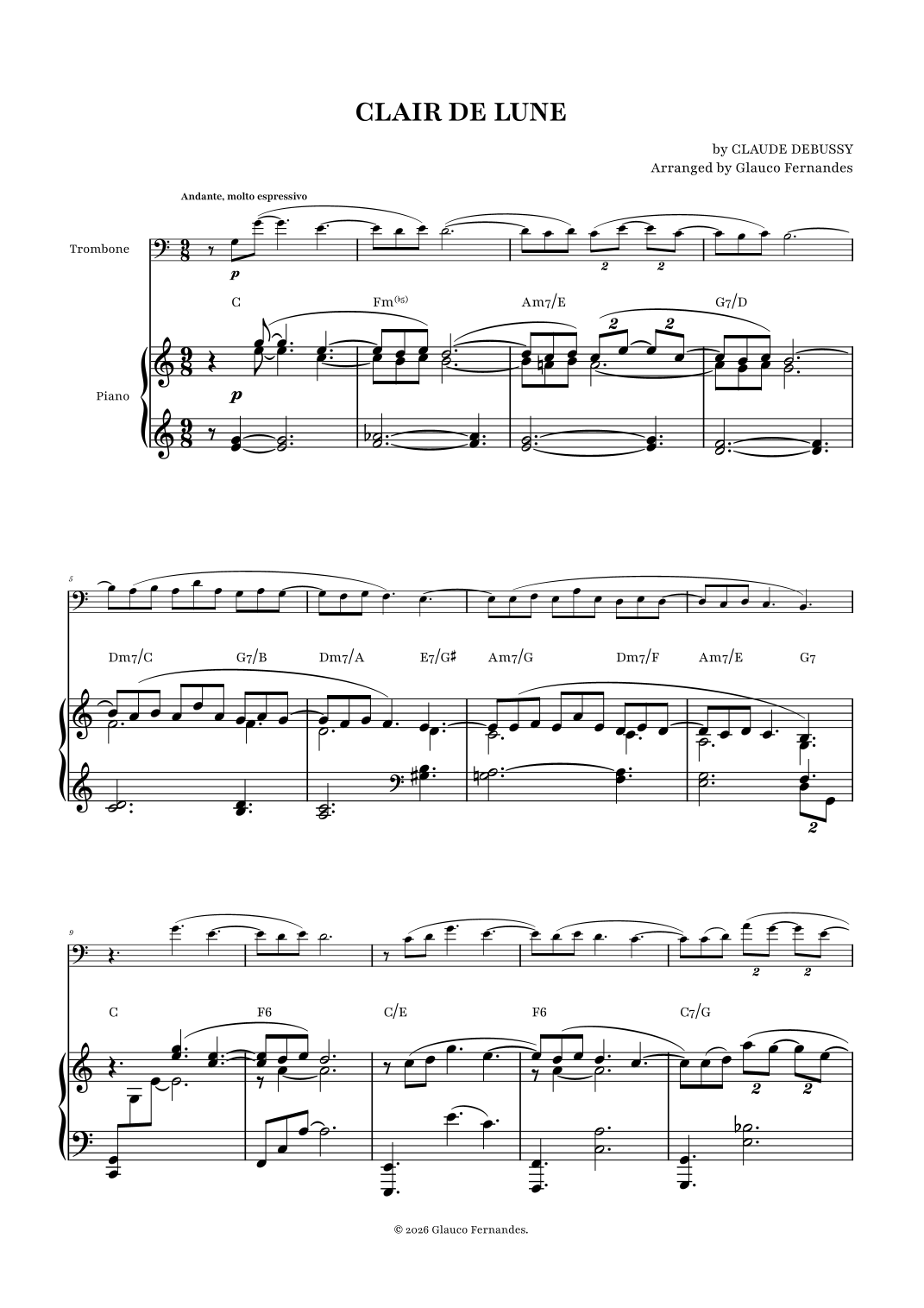 CLAIR DE LUNE - CLAUDE DEBUSSY | TROMBONE AND PIANO WITH CHORDS (ARR ...