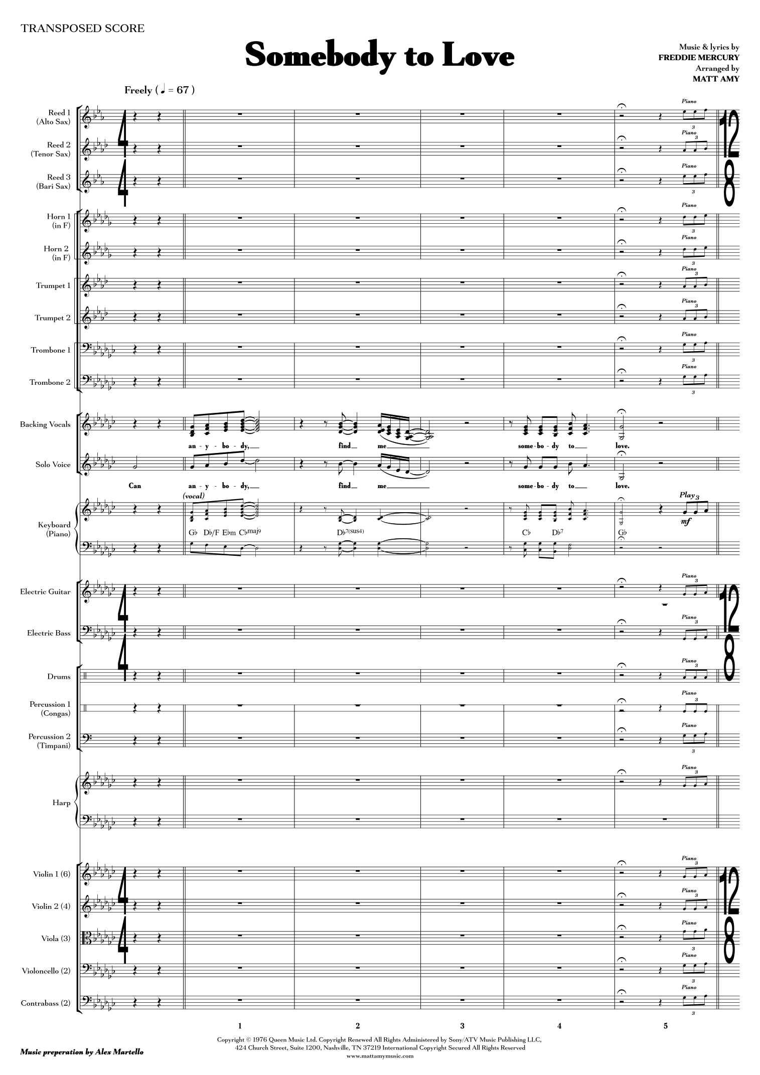 Somebody To Love (arr. Matt Amy) by Queen Sheet Music for Full ...