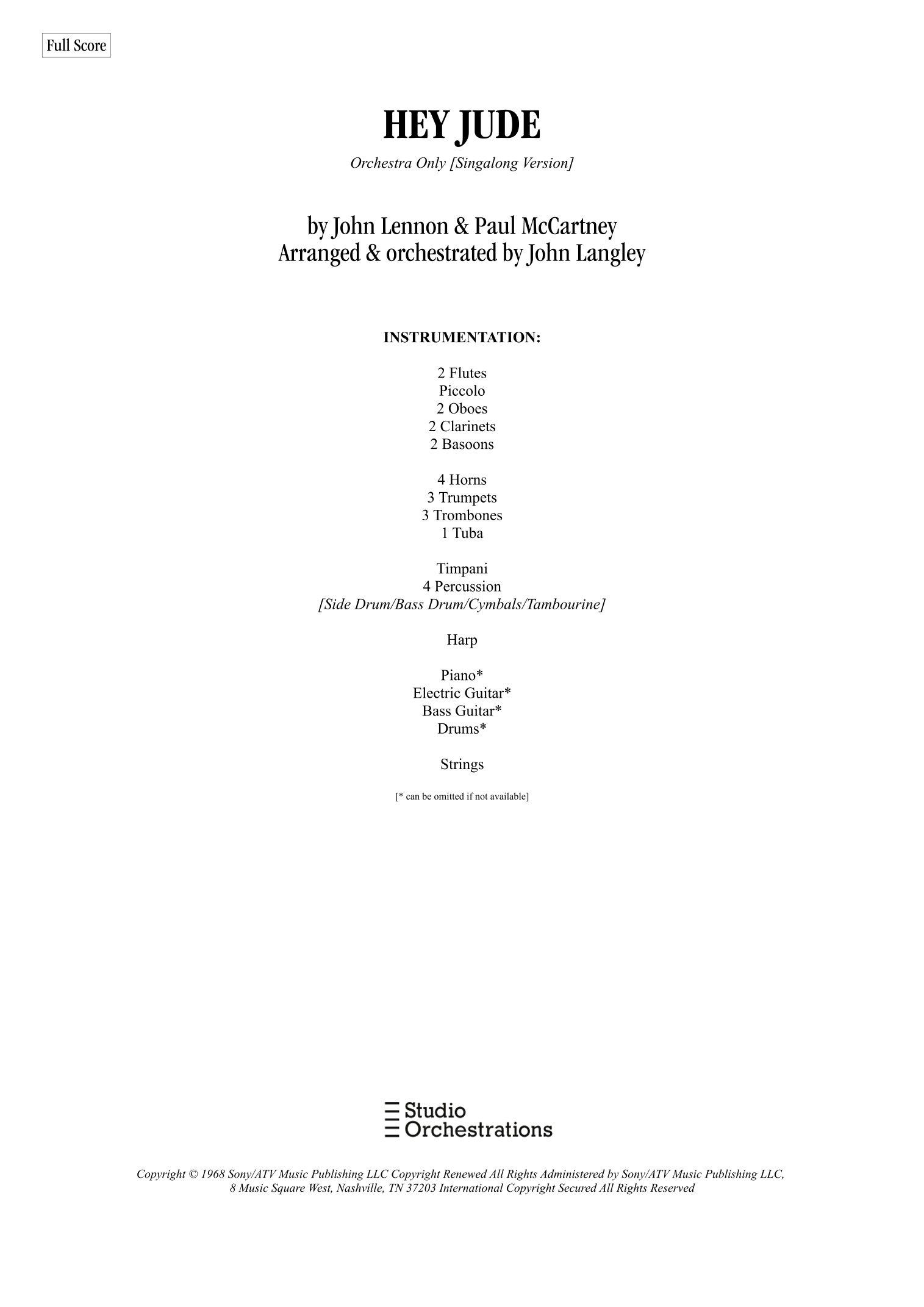 Hey Jude (arr. John Langley (for Studio Orchestrations)) by The Beatles Full Orchestra (披头士乐队《Hey Jude》全编制管弦乐总谱,John Langley 编曲) - 预览