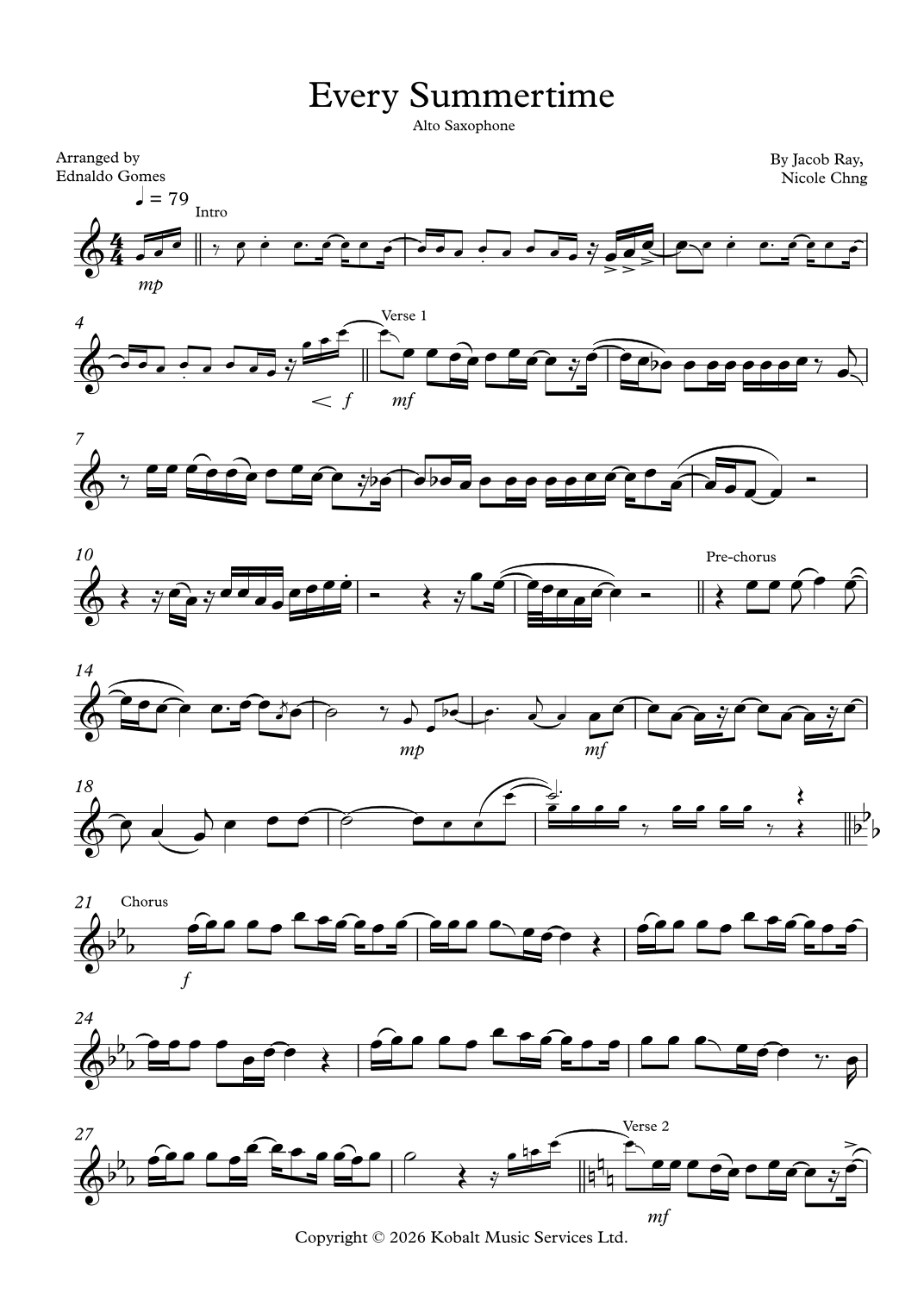 Jacob Ray Every Summertime (arr. Ednaldo Gomes) by Jacob Ray Sheet Music for Alto ...