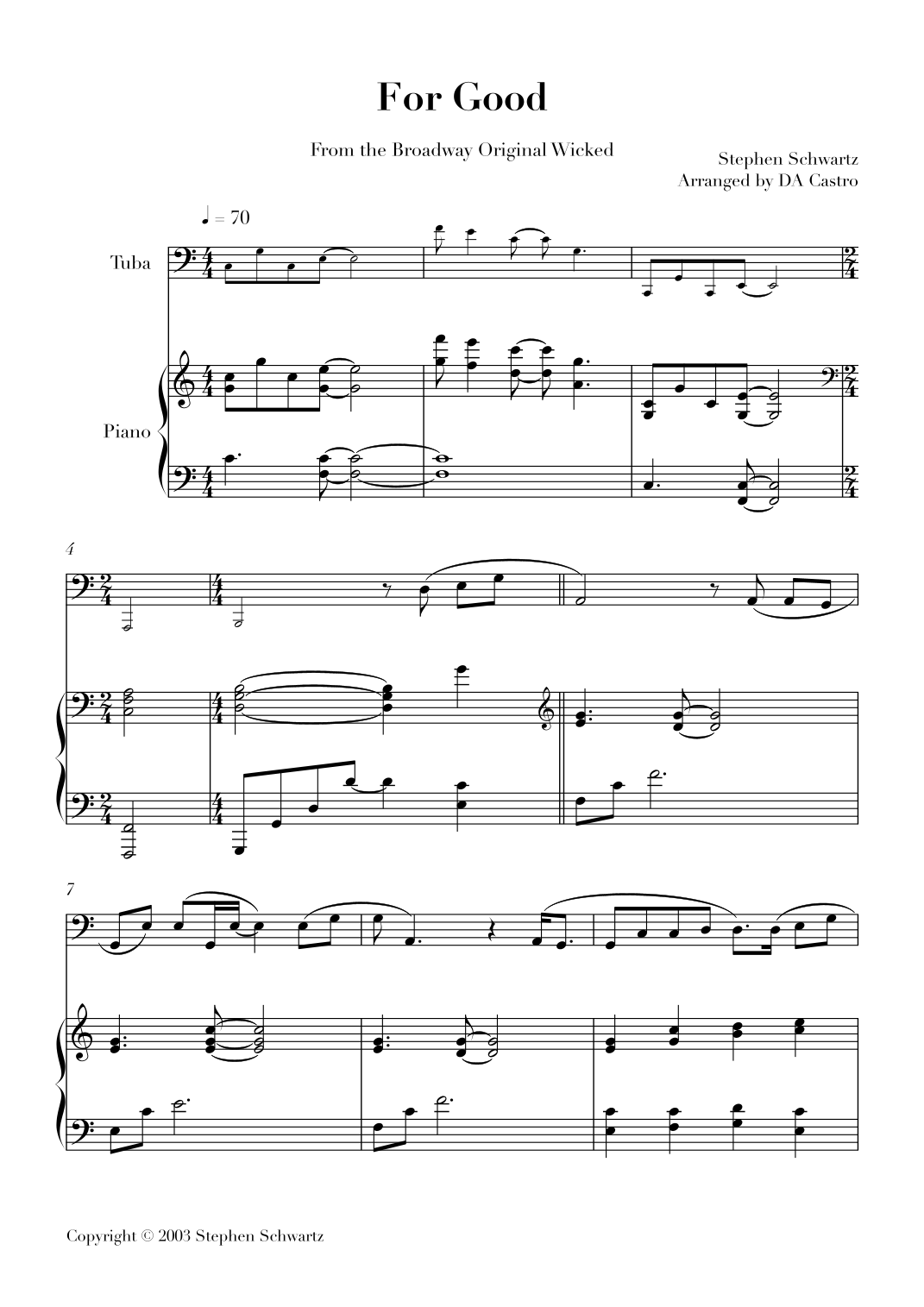 For Good Script For Good (arr. DA Castro) by Stephen Schwartz Sheet Music for Tuba and ...