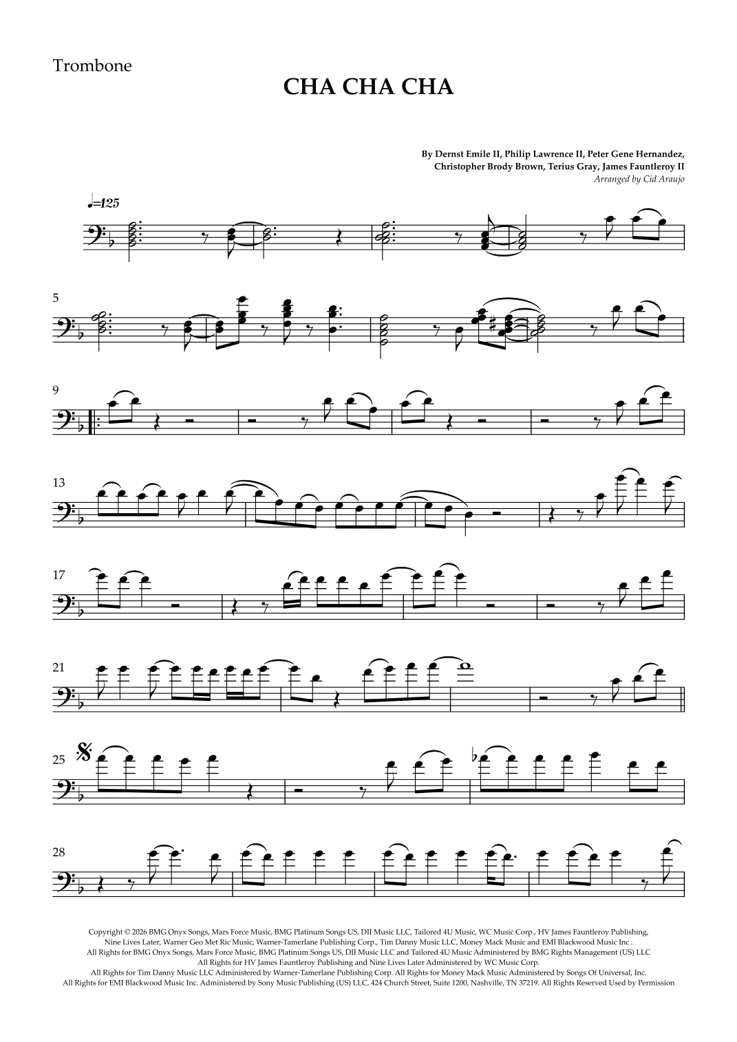 Cha Cha Cha (arr. Cid Araujo) by Bruno Mars Sheet Music for Trombone ...