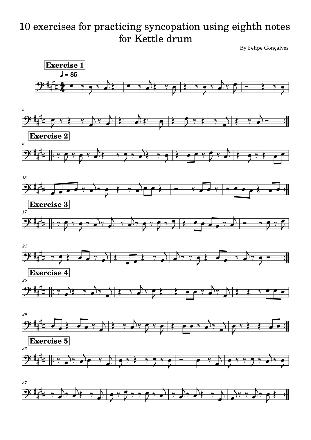 10 exercises for syncopation using eighth notes for Kettle drum in E ...