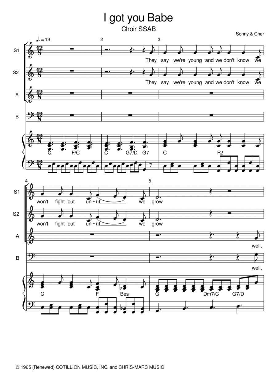I Got You Babe Sheet Music Sonny & Cher SATB Choir