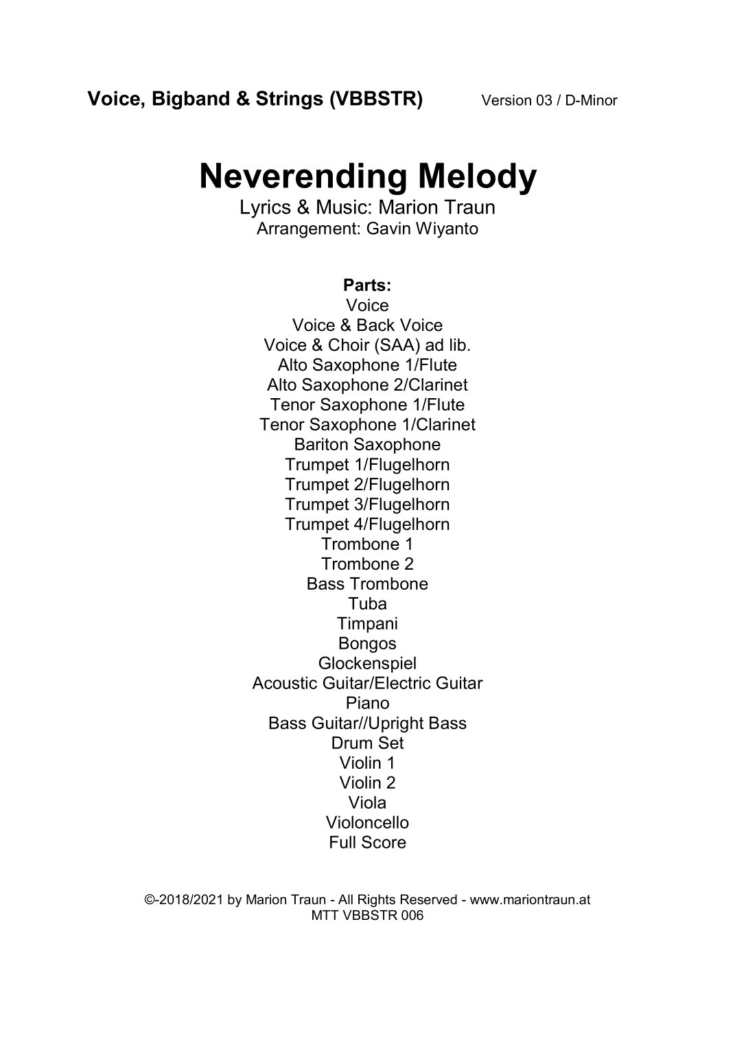 Neverending Melody - 适用于人声、爵士大乐团与弦乐 (VBBSTR) - Marion Traun(管弦乐团)- 预览