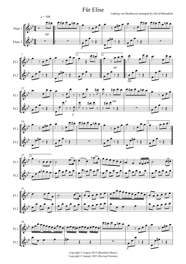 Fur Elise for Flute Duet (arr. David Burndrett) by Ludwig van Beethoven ...
