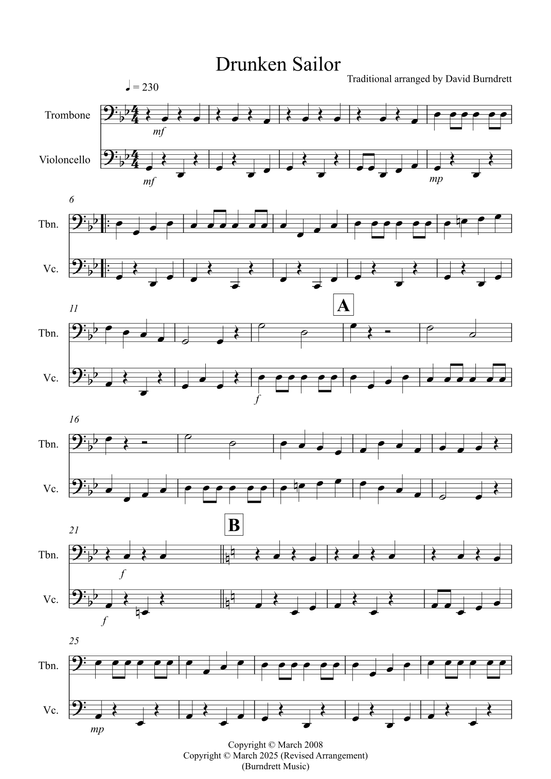 Drunken Sailor for Trombone and Cello Duet (arr. David Burndrett) Partition Digitale