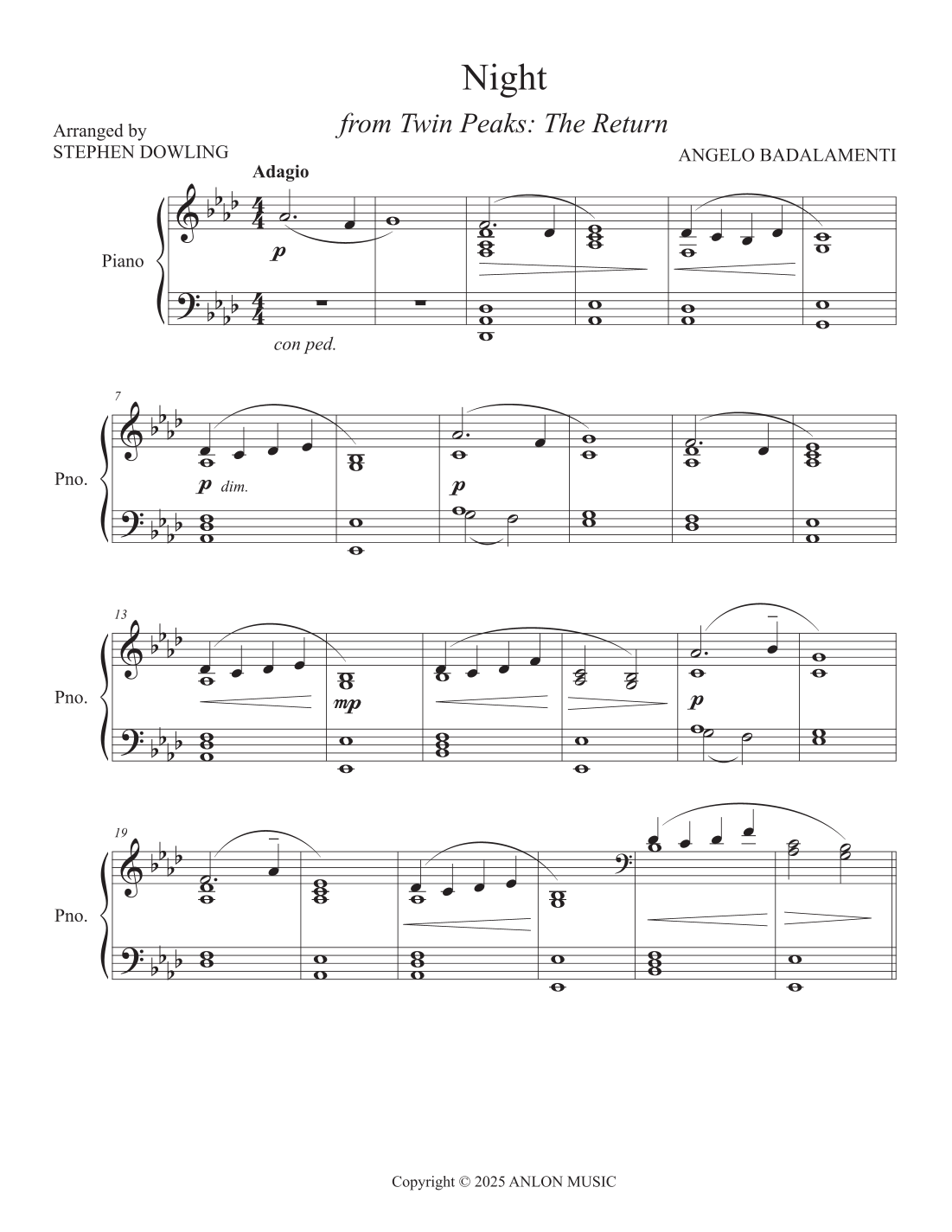 Night (arr. Stephen Dowling) by Various Sheet Music for Piano Solo at ...