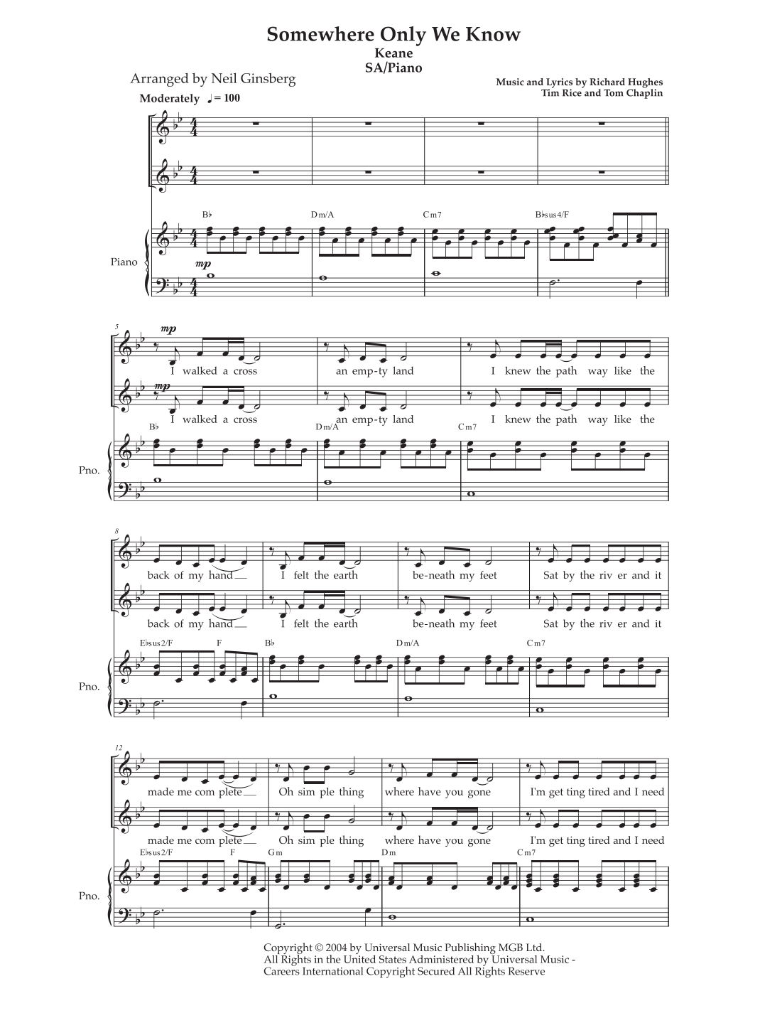 Somewhere Only We Know (arr. Neil Ginsberg) von Keane Noten zum Chor