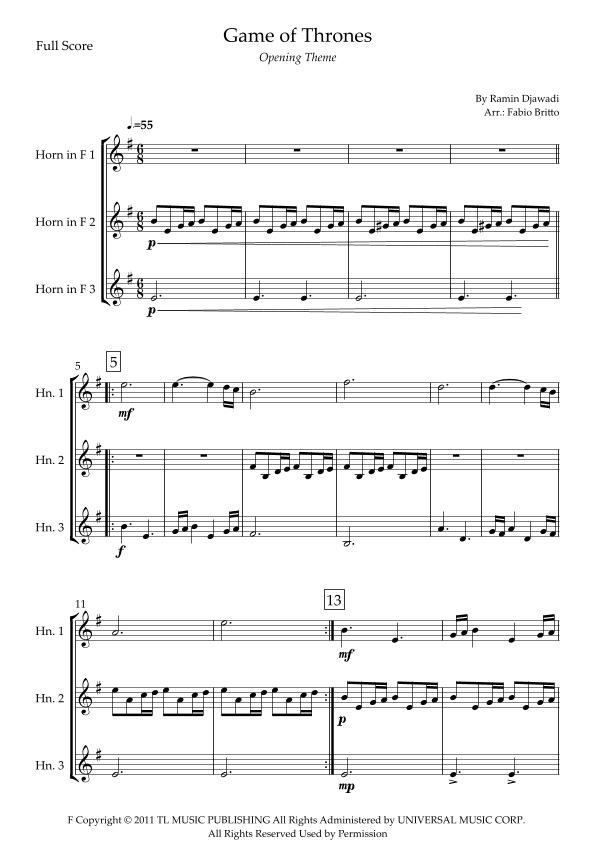 Game Of Thrones (arr. Fabio Britto) by Various Sheet Music for Brass