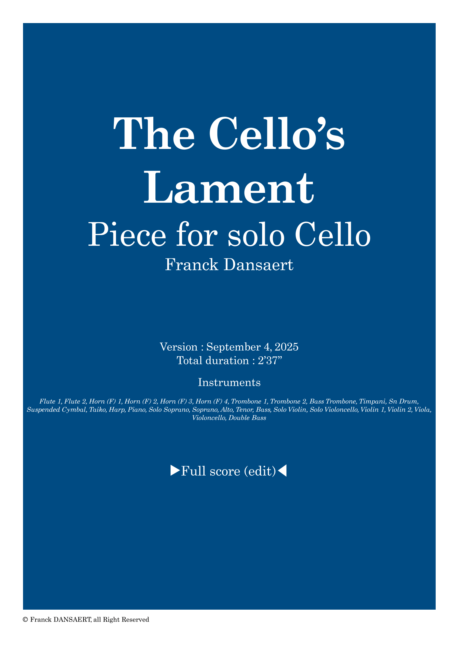 The Cello's Lament - Score Only by Franck Dansaert Full Orchestra