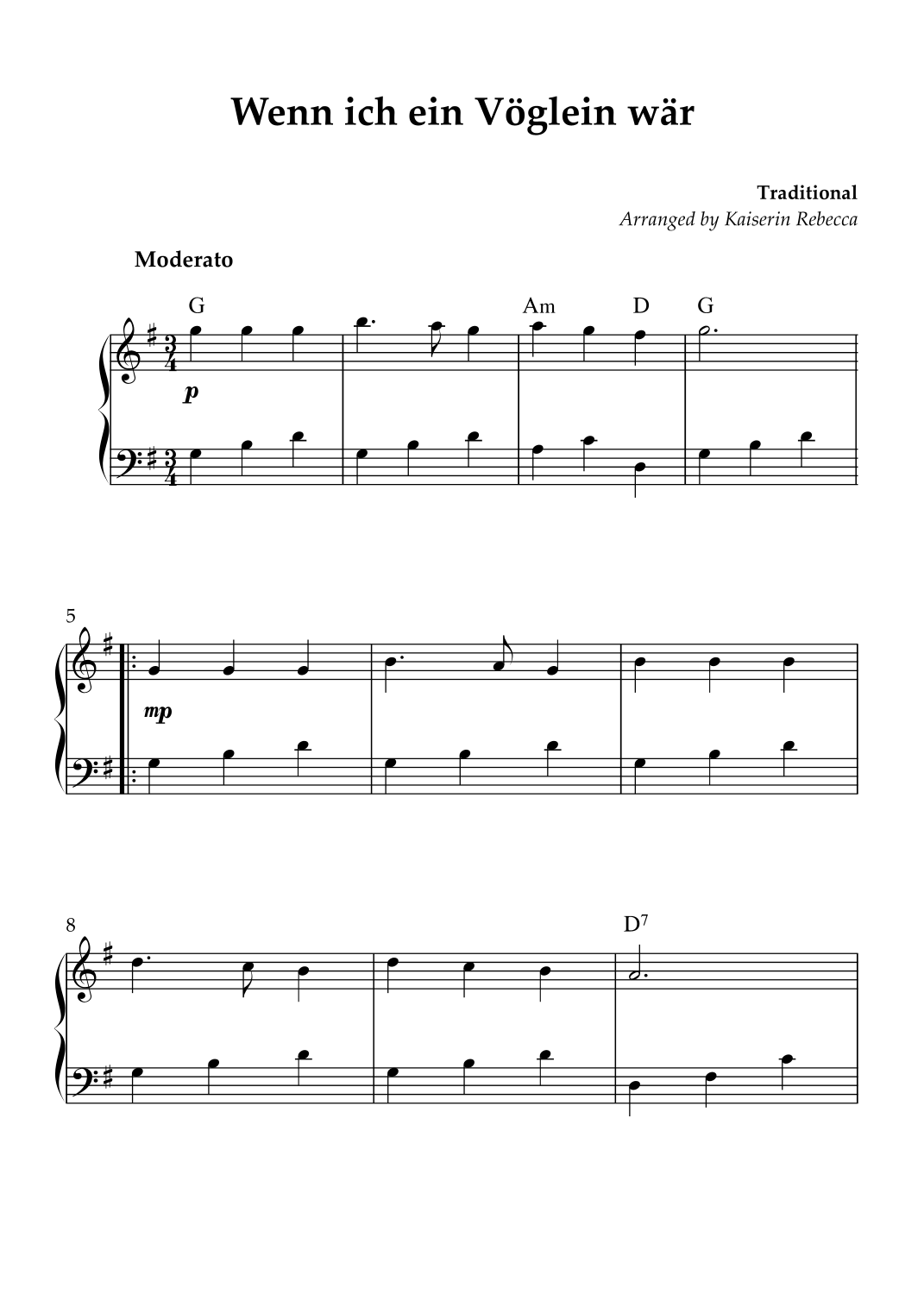 Interaktive Digitale Noten-Vorschau von 'Wenn ich ein Vöglein wär (arr. Kaiserin Rebecca)' von Traditional, Klavier solo page 1