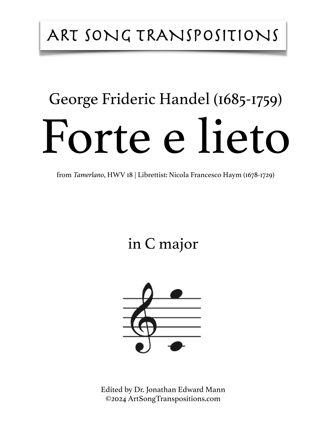 HANDEL: Forte e lieto (transposed to C major) (arr. ArtSongTranspositions.com) Partituras Digitales