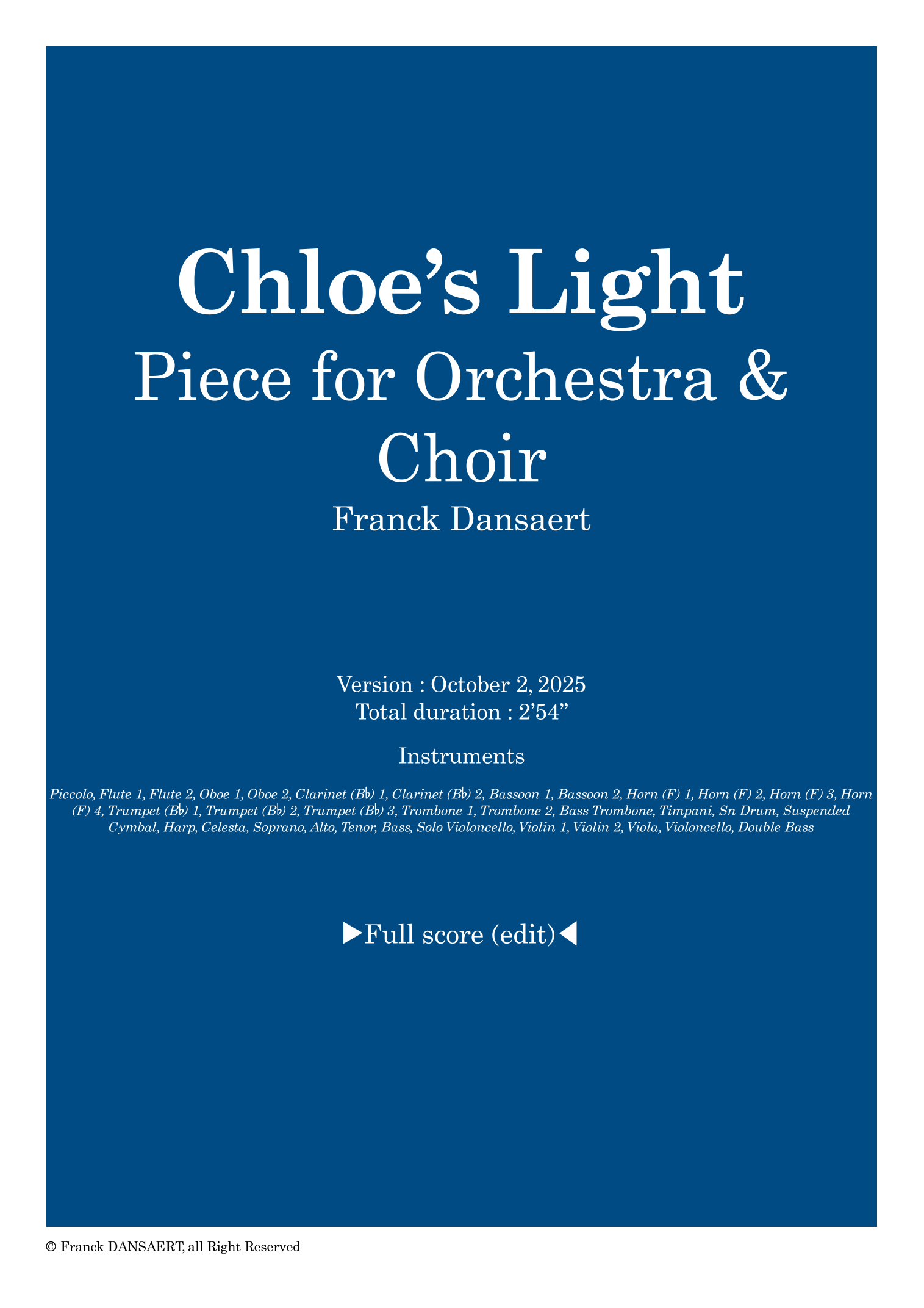 Chloe's Light - Score Only by Franck Dansaert Full Orchestra