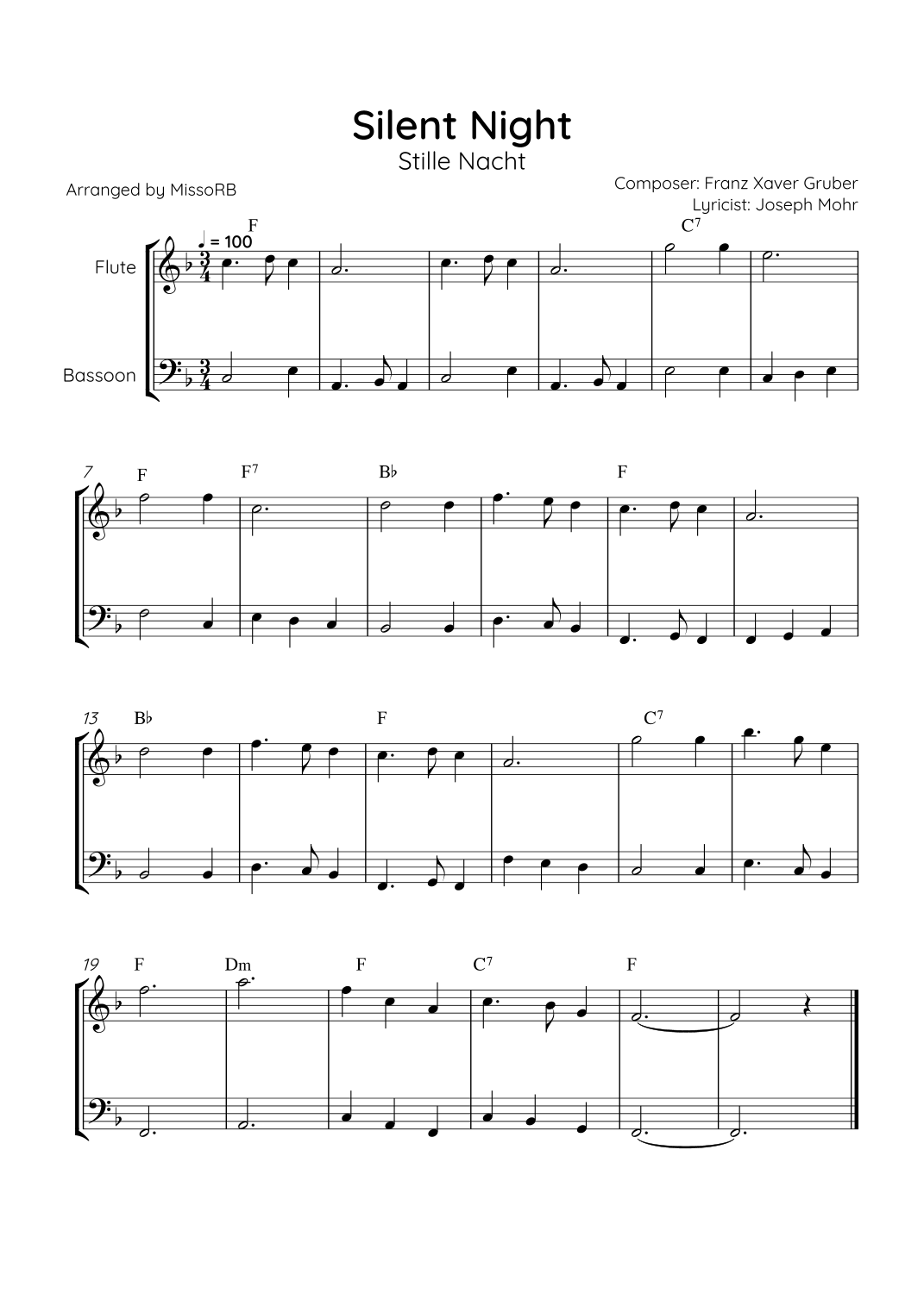 Silent Night (Stille Nacht) - Flute & Bassoon & Piano in F Major With ...