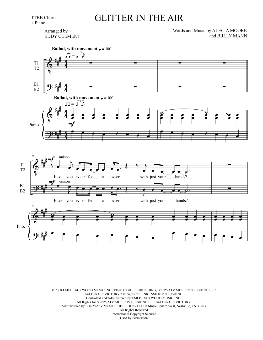 Glitter In The Air (arr. EDDY CLEMENT) Sheet Music Pink TTBB Choir