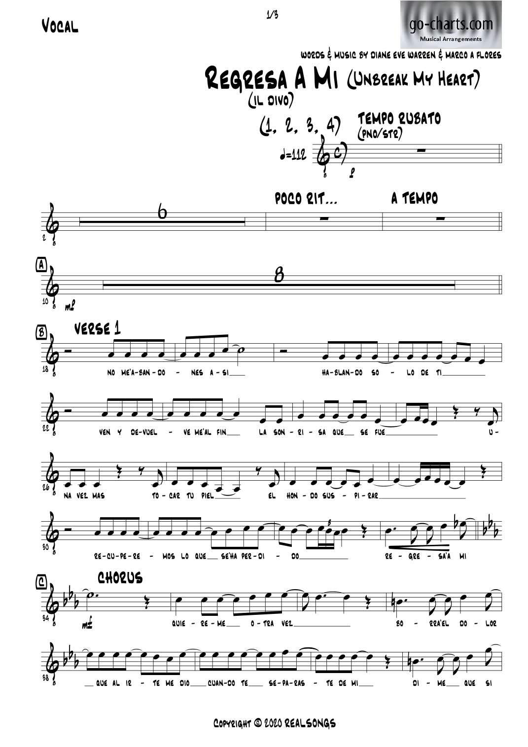 Regresa A Mi (Unbreak My Heart) (arr. Andy Davidson go-charts.com) by Marco A Flores 管弦乐团全编制 - 预览