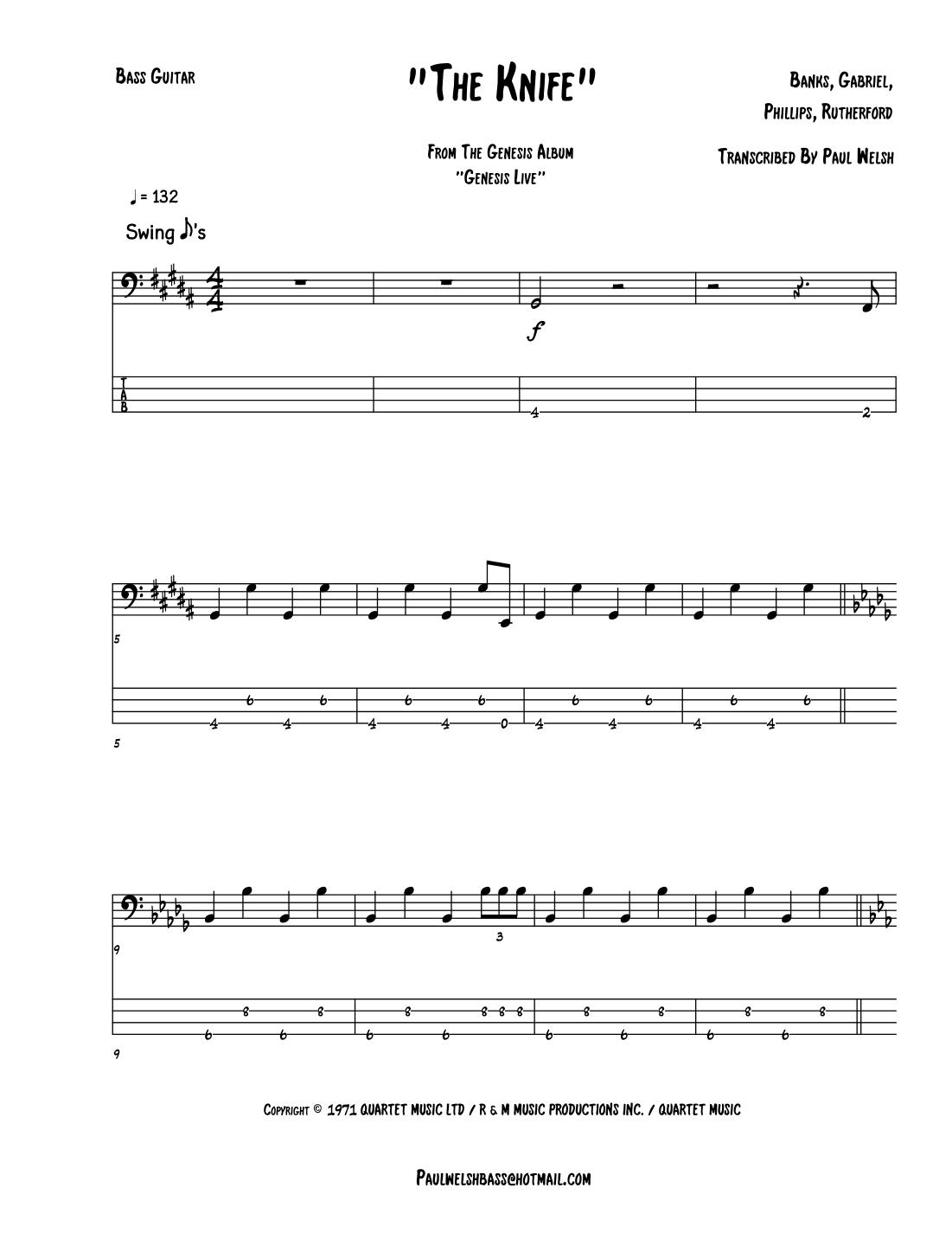 The Knife (arr. P Welsh) by Genesis Sheet Music for Bass Guitar Tab at