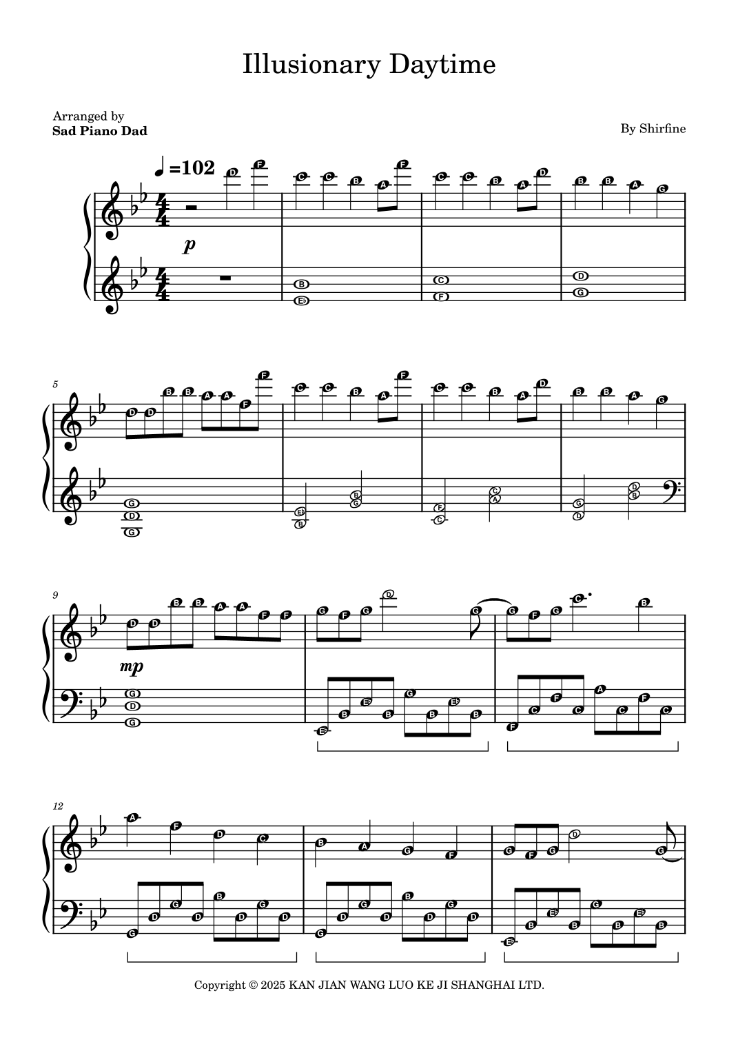 Illusionary Daytime (arr. Sad Piano Dad) by Shirfine Sheet Music for ...