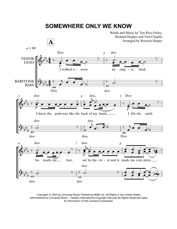 Interactive Digital Sheet Music preview of 'Somewhere Only We Know (arr. Rowena Harper)' by Keane, SSAA Choir page 1