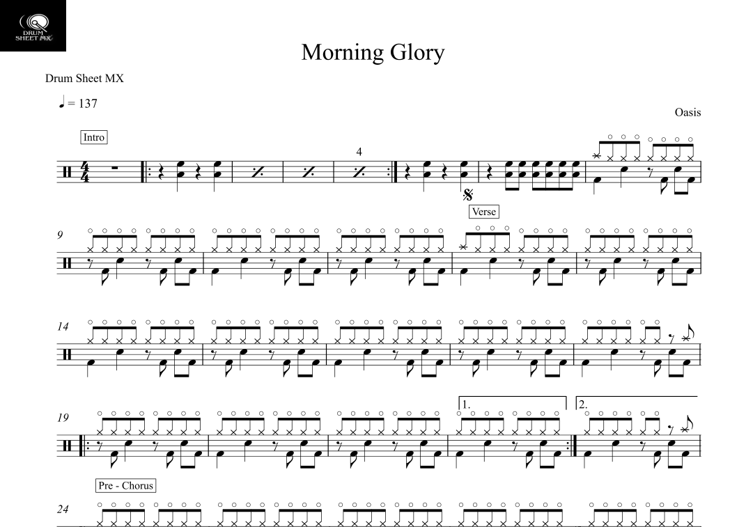 Morning Glory (arr. Drum Sheet MX) by Oasis Sheet Music for Drums at ...