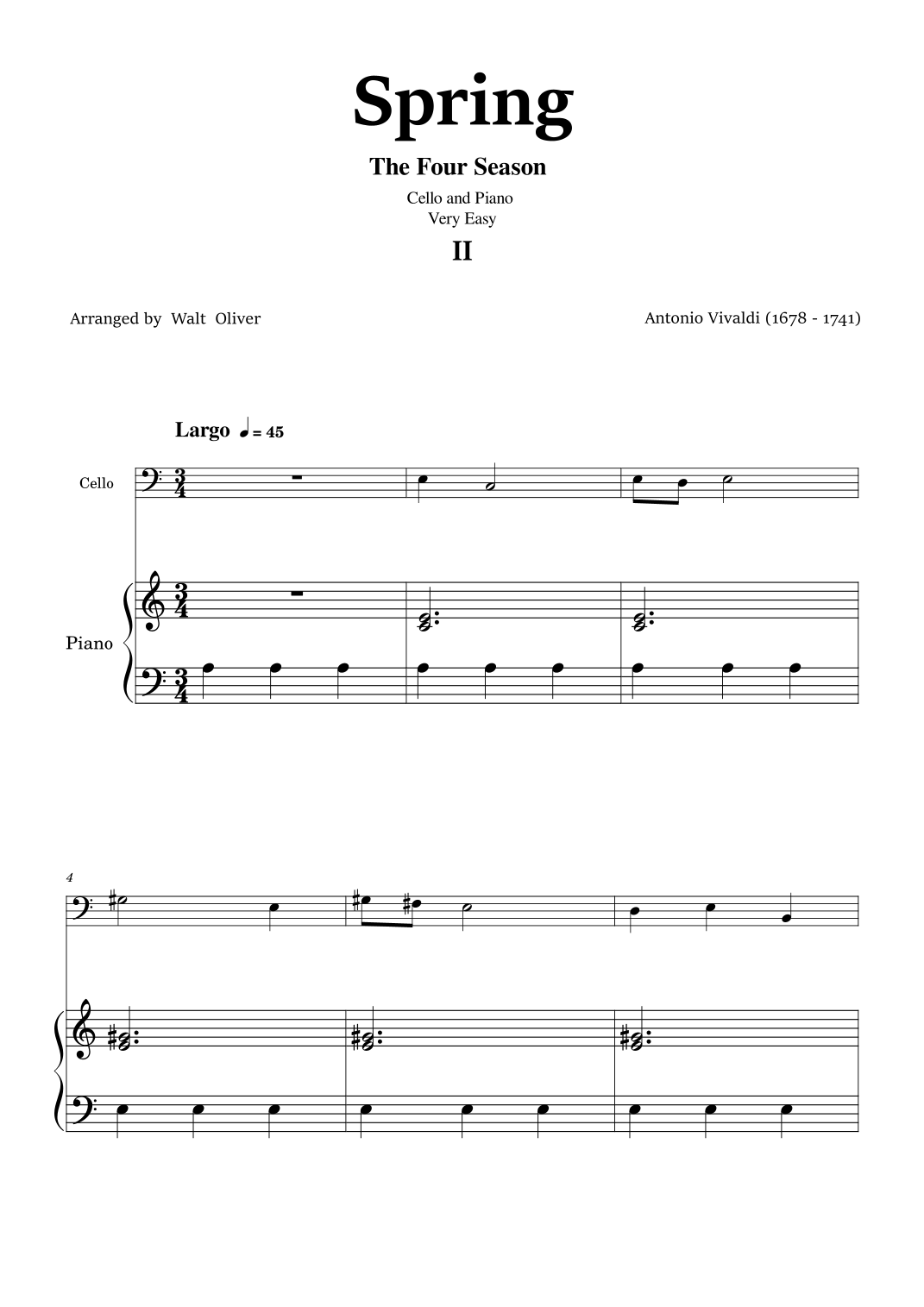 Vivaldi - The Four Seasons - Spring - 2st mov. - Very Easy - Cello and ...