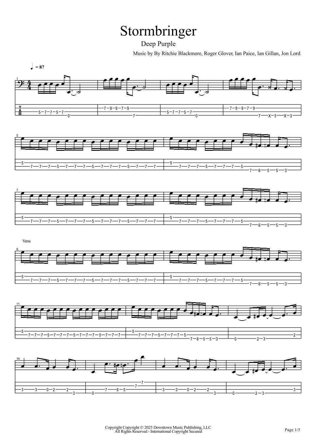 Stormbringer by Deep Purple Sheet Music for Bass Guitar Tab (arr