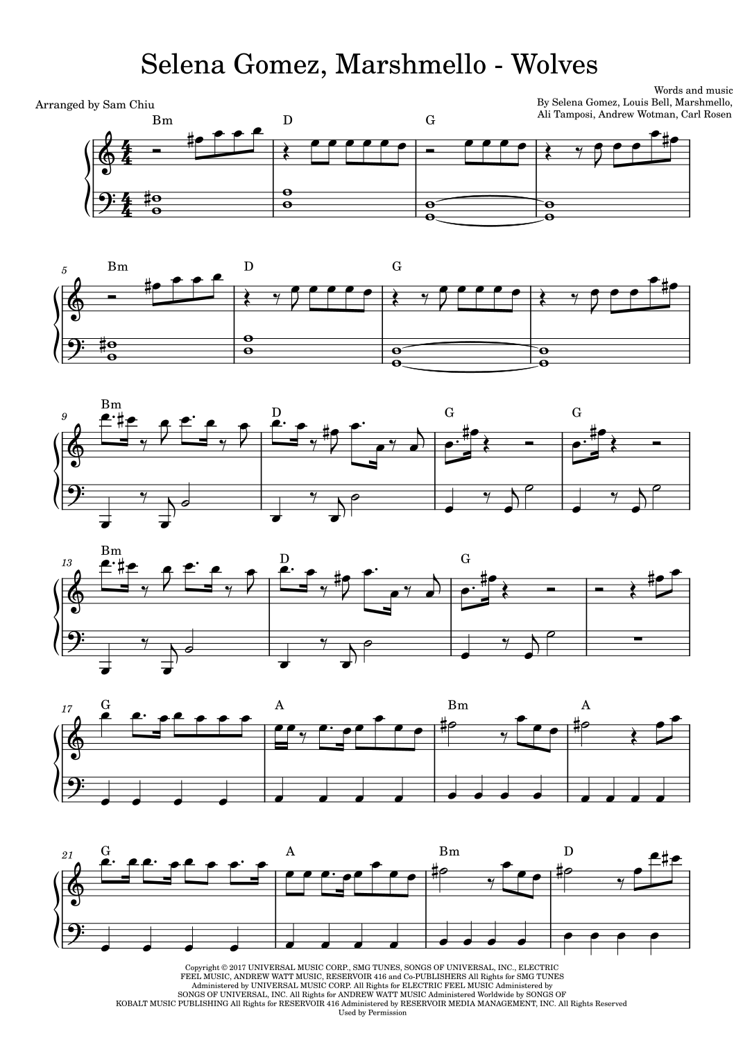 Wolves (arr. Sam Chiu) by Selena Gomez & Marshmello Sheet Music for ...