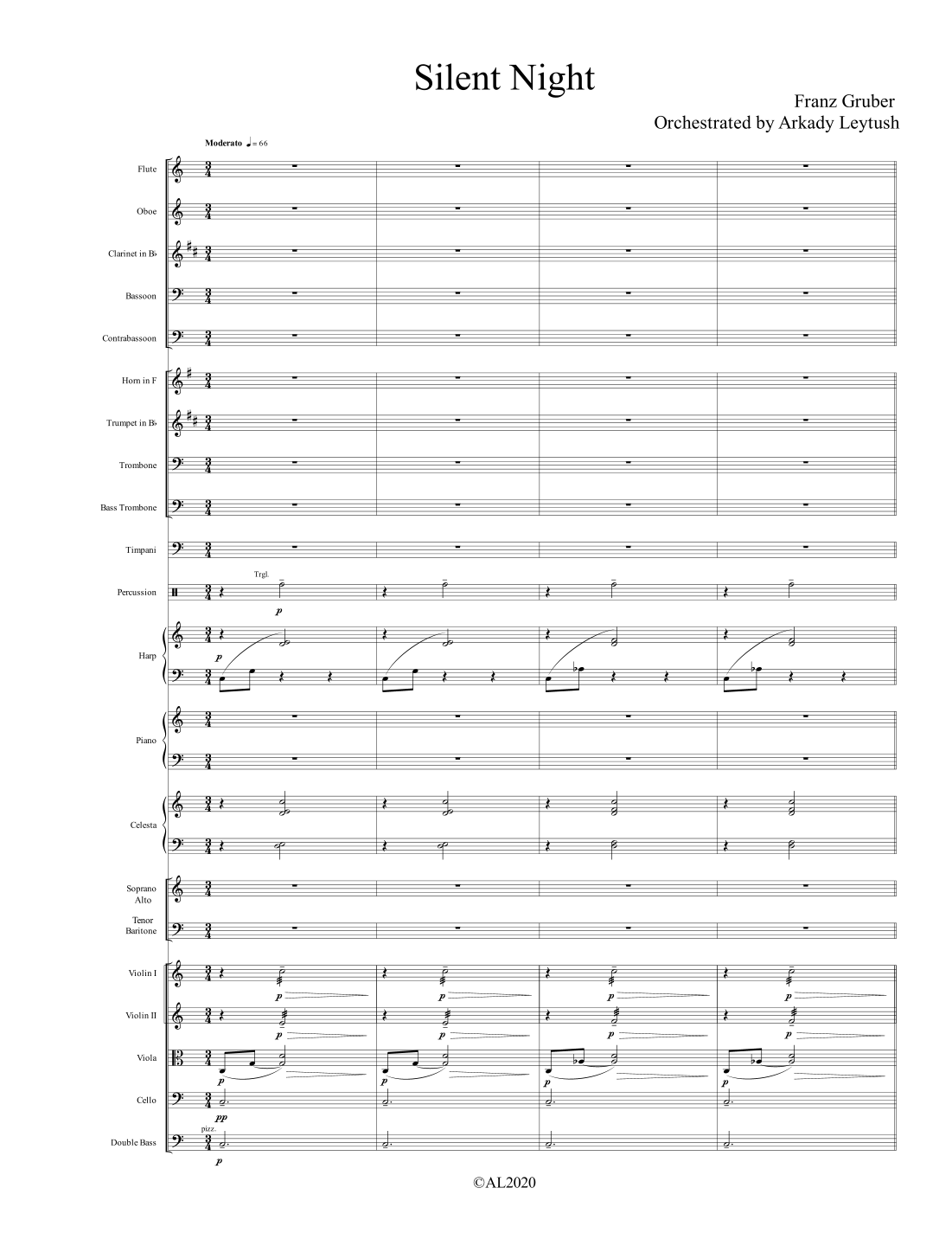 F. Gruber - 平安夜 (Silent Night),适用于童声合唱、SATB合唱与管弦乐团 - 仅总谱(Arkady Leytush 管弦乐团版本) - 预览