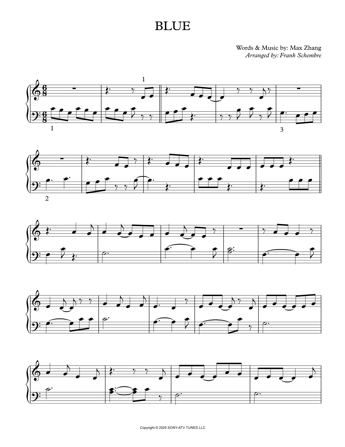 Blue (arr. Frank Schembre) by Yung Kai Sheet Music for Easy Piano