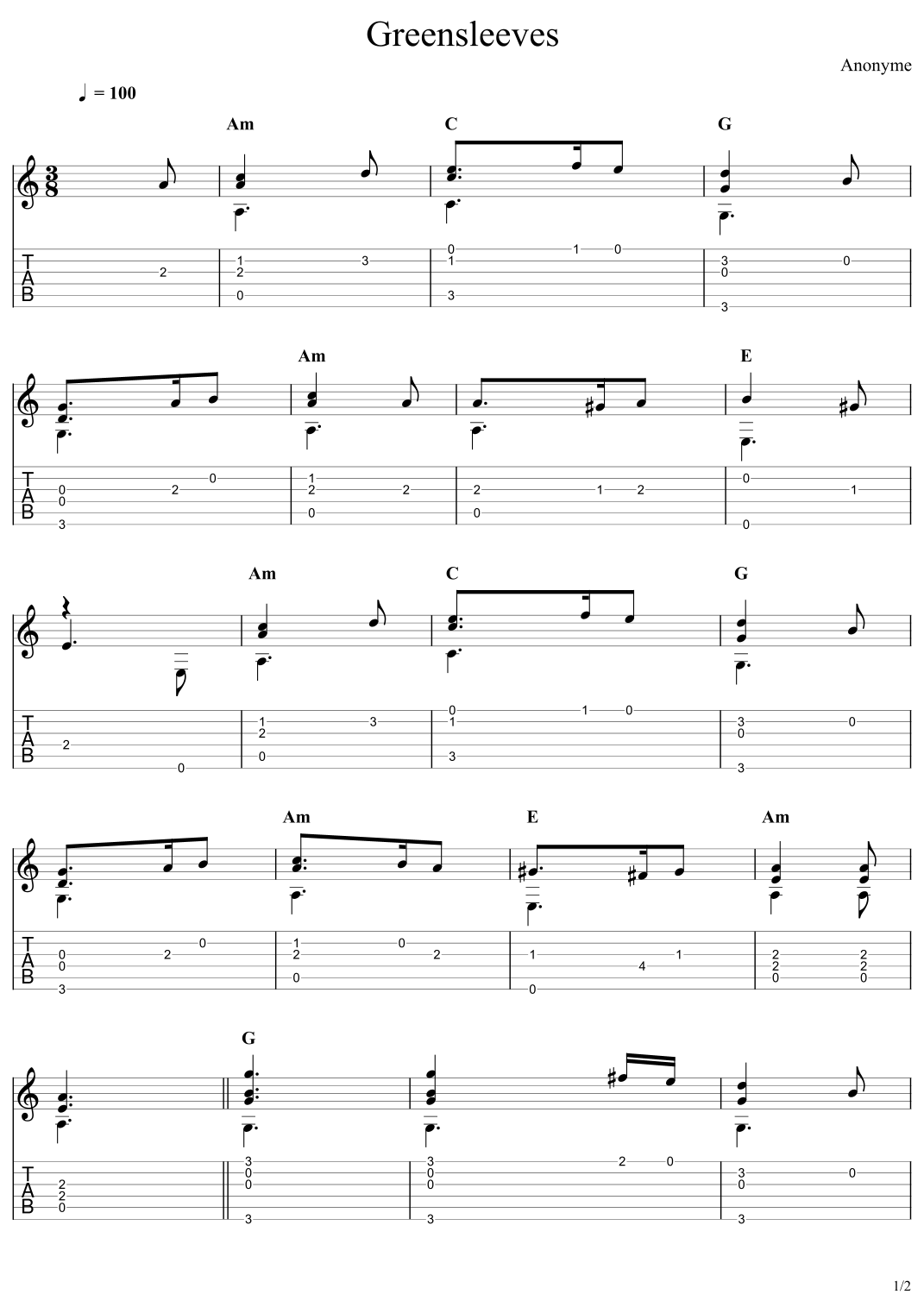 Greensleeves (arr. Leo Baeza) by Anonyme Sheet Music for Guitar Tab at ...