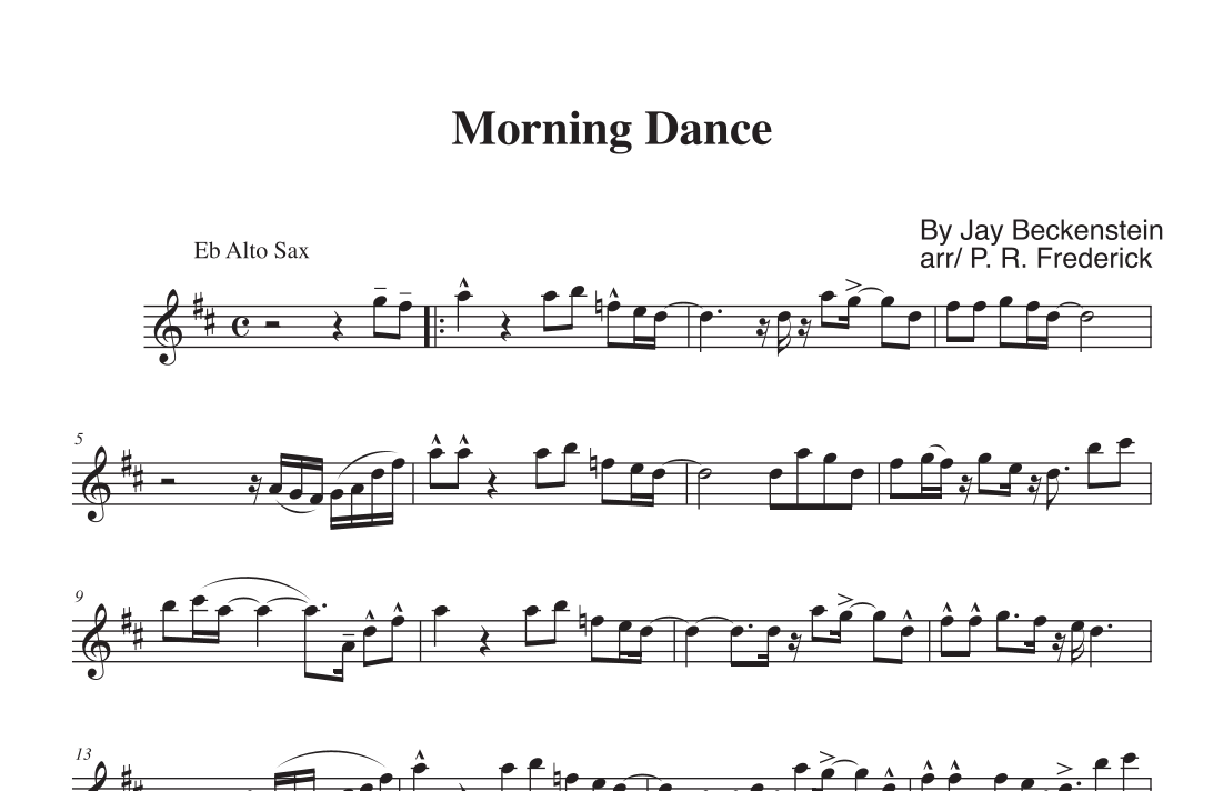 Vista previa interactiva de Partituras Digitales de 'Morning Dance (arr. P. R. Frederick)' por Spyro Gyra, Saxofón Alto solo page 1