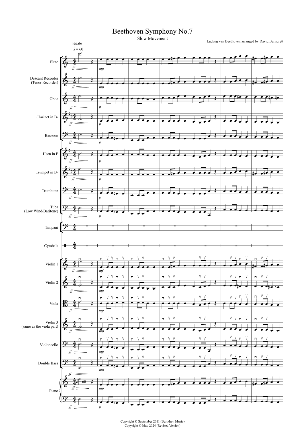 Beethoven Symphony No. 7 (Slow Movement Extract) – Easy School Orchestra (Grade 2+) (arr. David Burndrett) by Ludwig Van Beethoven Full Orchestra(贝多芬第七交响曲慢板选段 - 简易学校管弦乐团版)- 预览