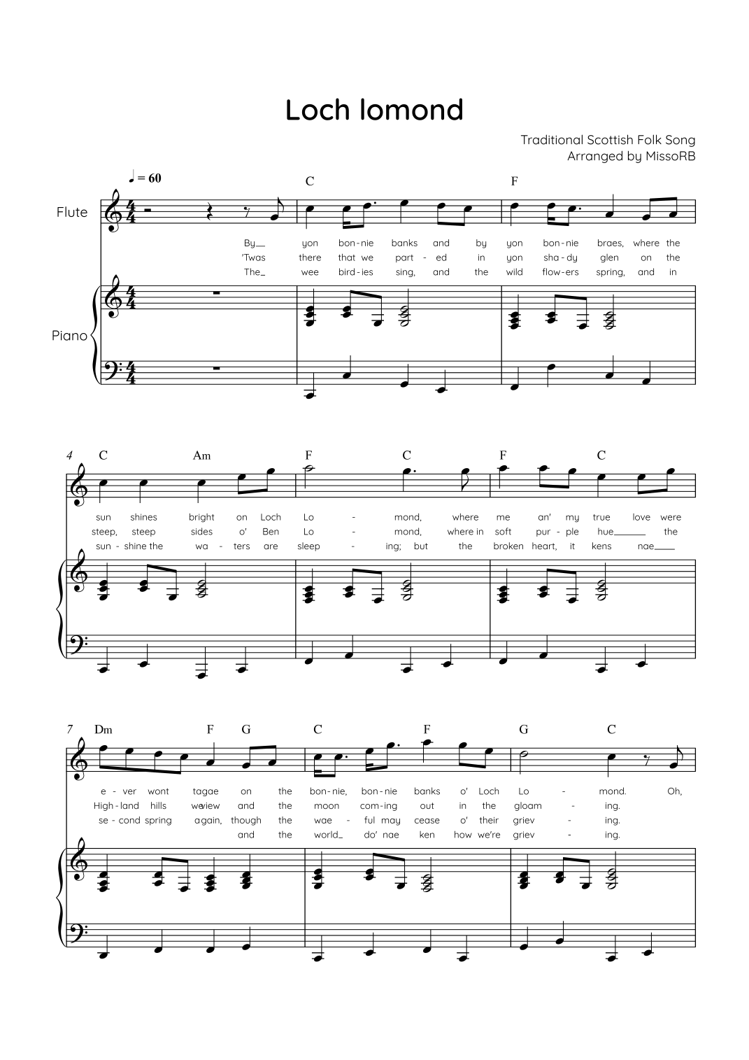 Loch Lomond - Flute & Piano in C With Lyric & Chords - Easy (arr ...