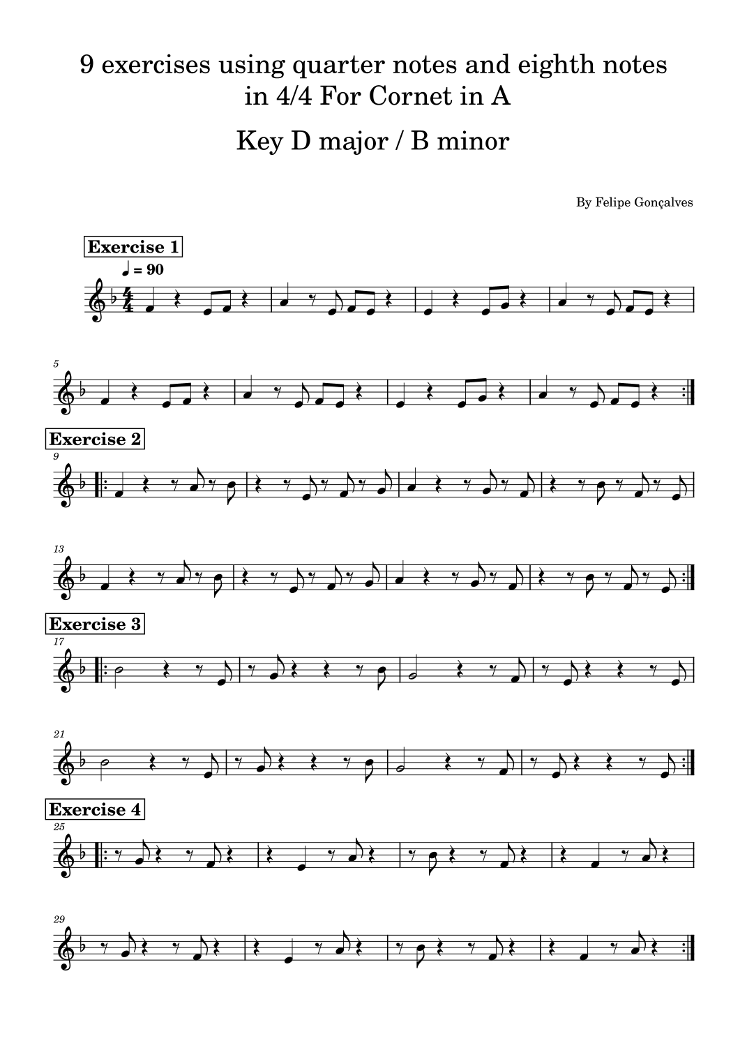 9 exercises using quarter notes and eighth notes in 4/4 For Cornet in A ...