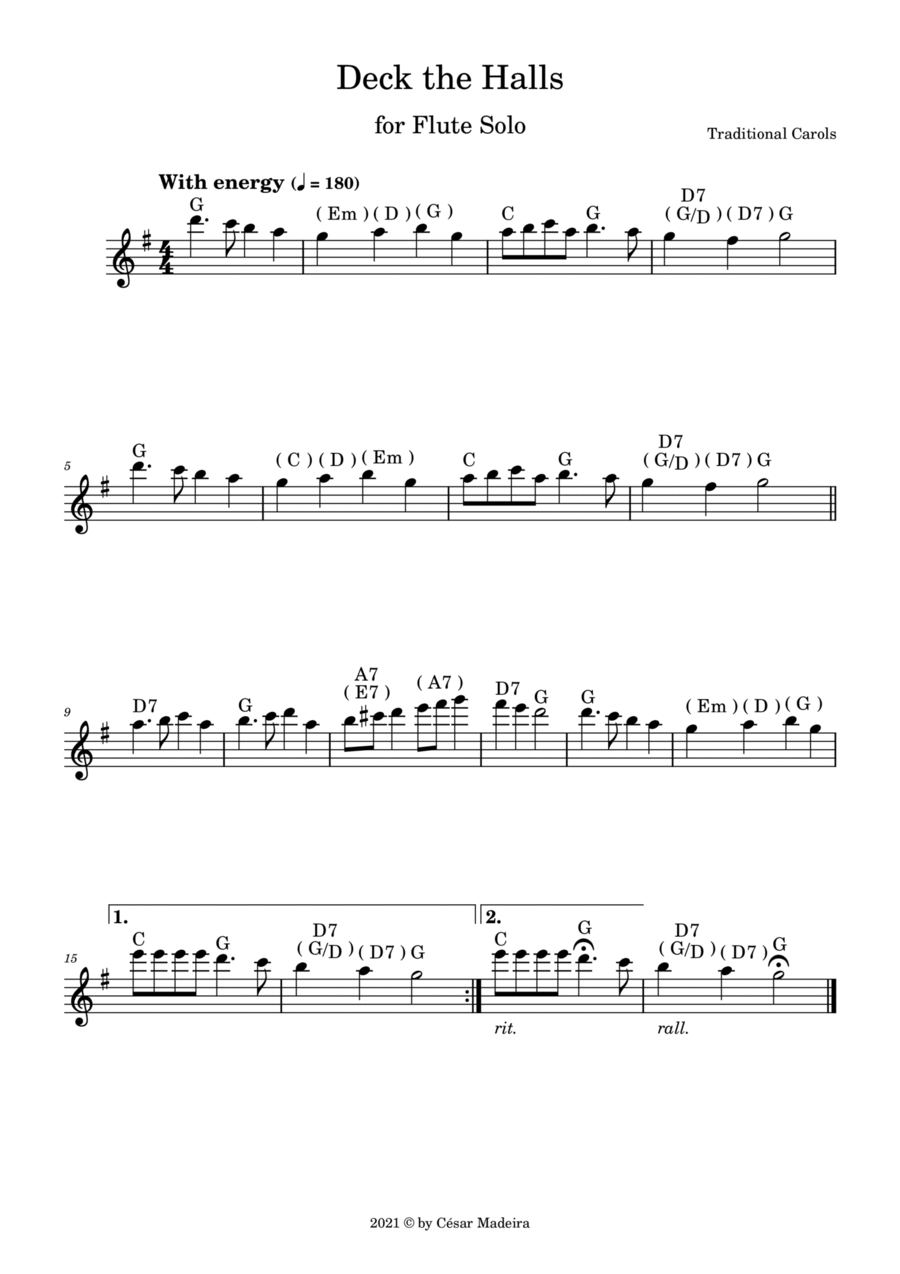 Deck the Halls for Flute Solo (W/Chords) Sheet Music Traditional