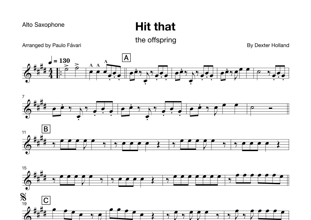 Hit That (arr. Paulo Fávari) by The Offspring Sheet Music for Alto Sax ...